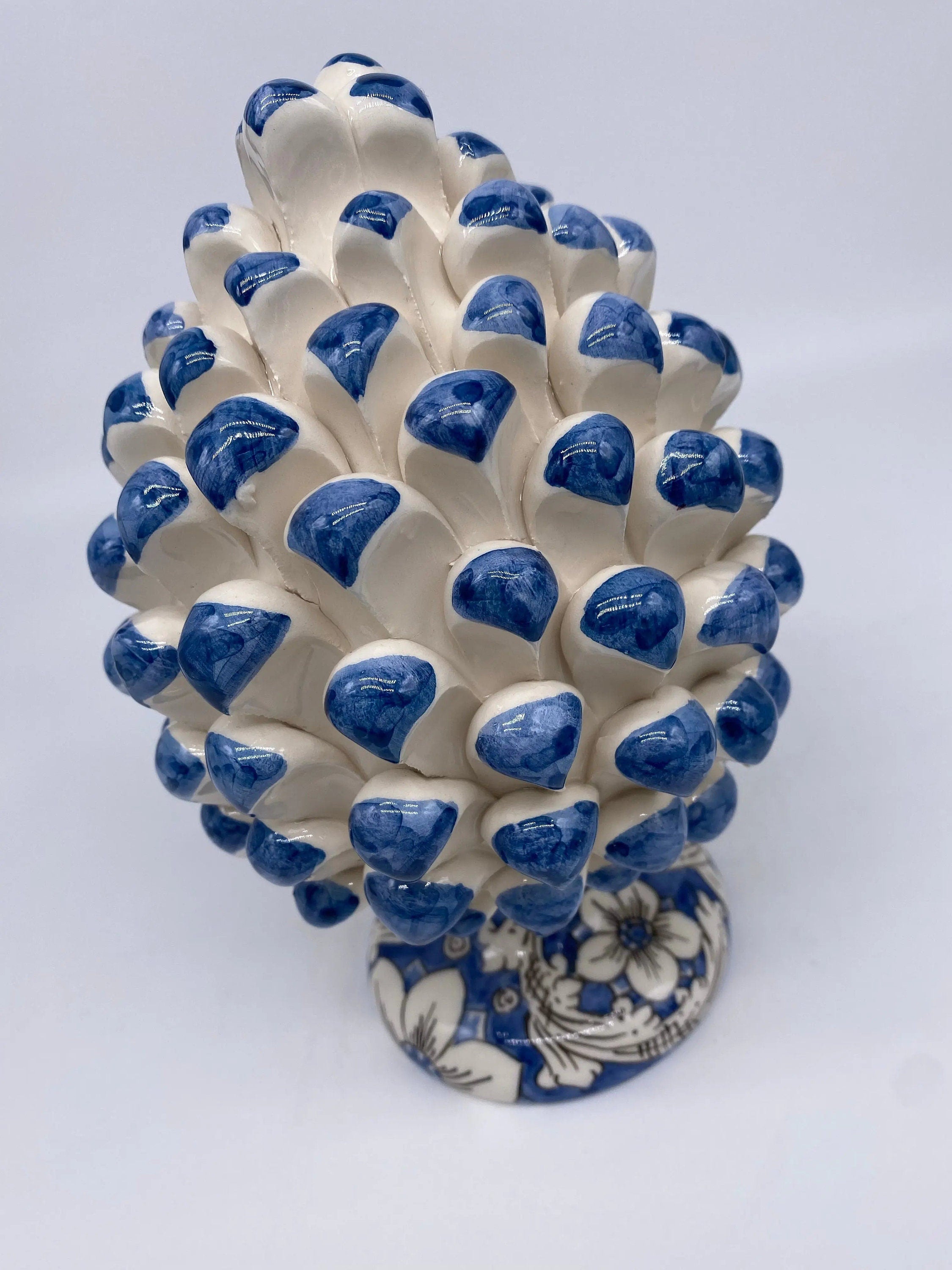 Pigna Ceramica Caltagirone cm H.20 Artigianale Base Decorata Punte Blu DD CERAMICHE SICILIANE