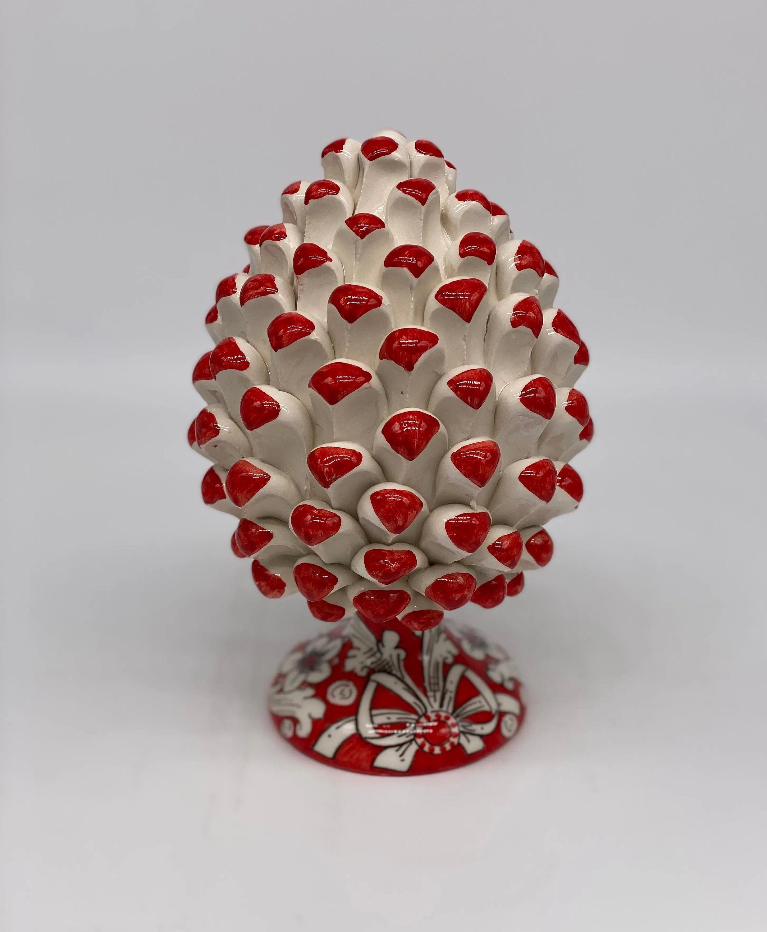 Pigna Ceramica Caltagirone cm H.20 Artigianale Base Decorata Punte Rosso DD CERAMICHE SICILIANE