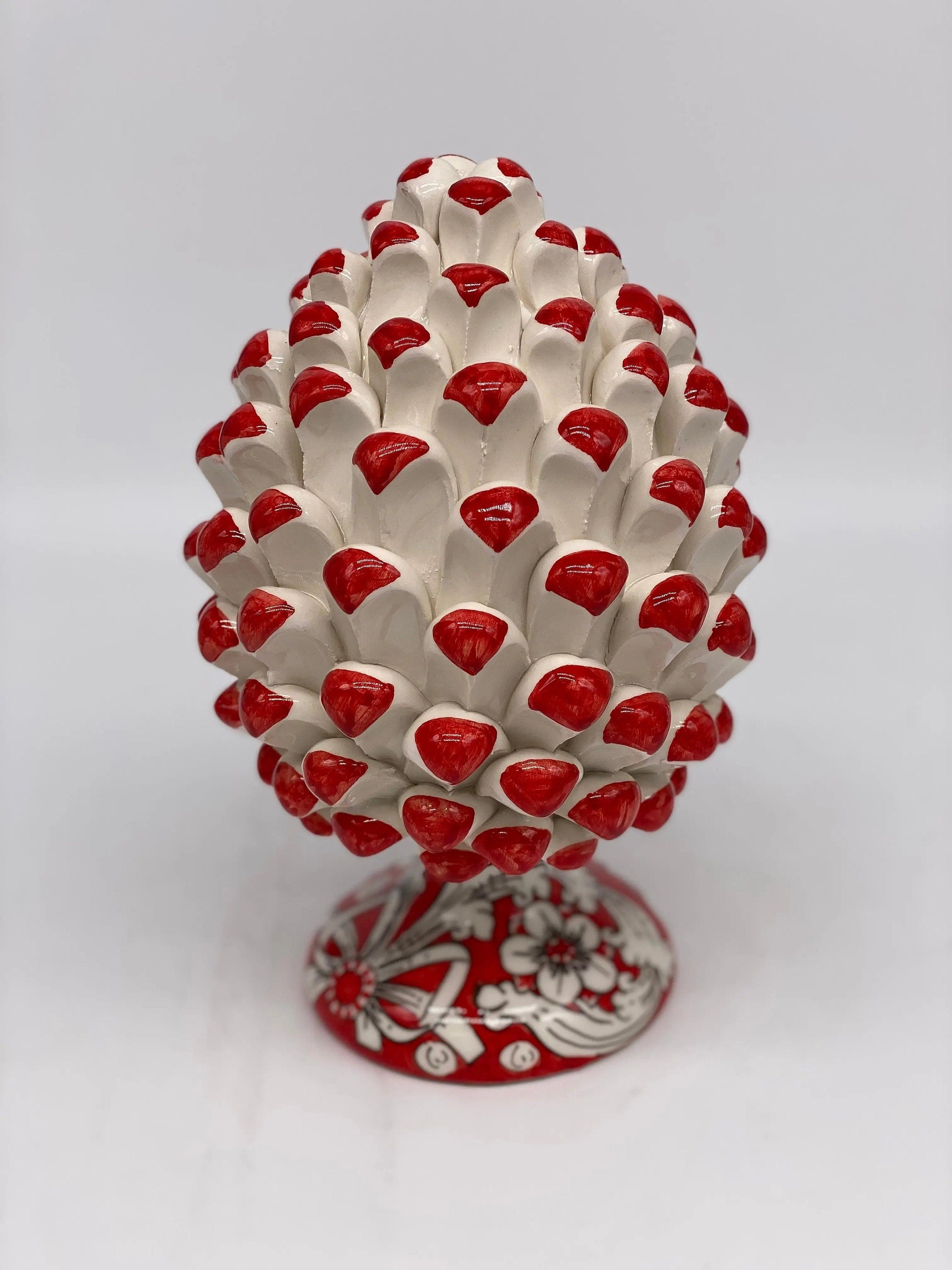 Pigna Ceramica Caltagirone cm H.20 Artigianale Base Decorata Punte Rosso DD CERAMICHE SICILIANE