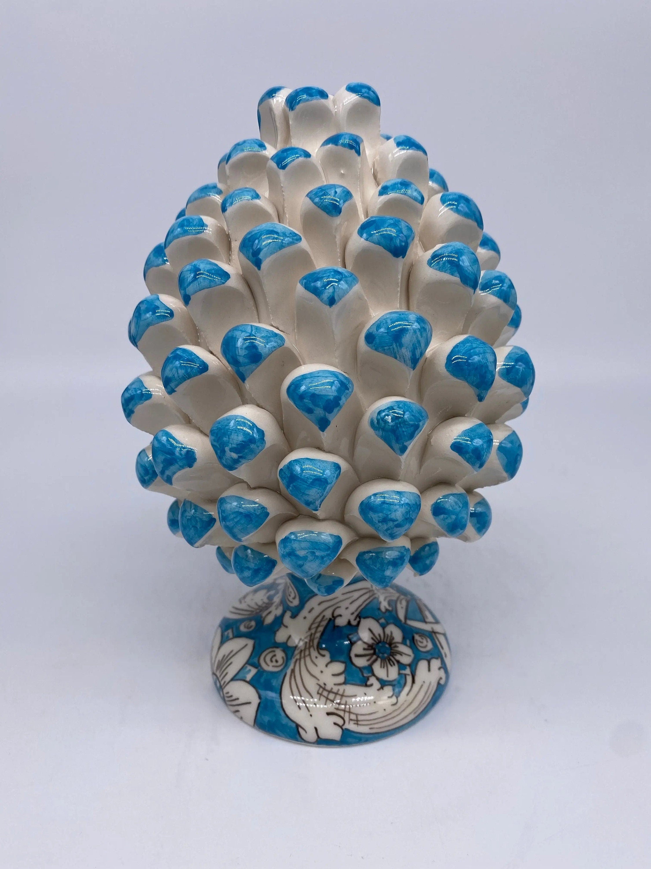 Pigna Ceramica Caltagirone cm H.20 Artigianale Base Decorata Punte Celeste DD CERAMICHE SICILIANE