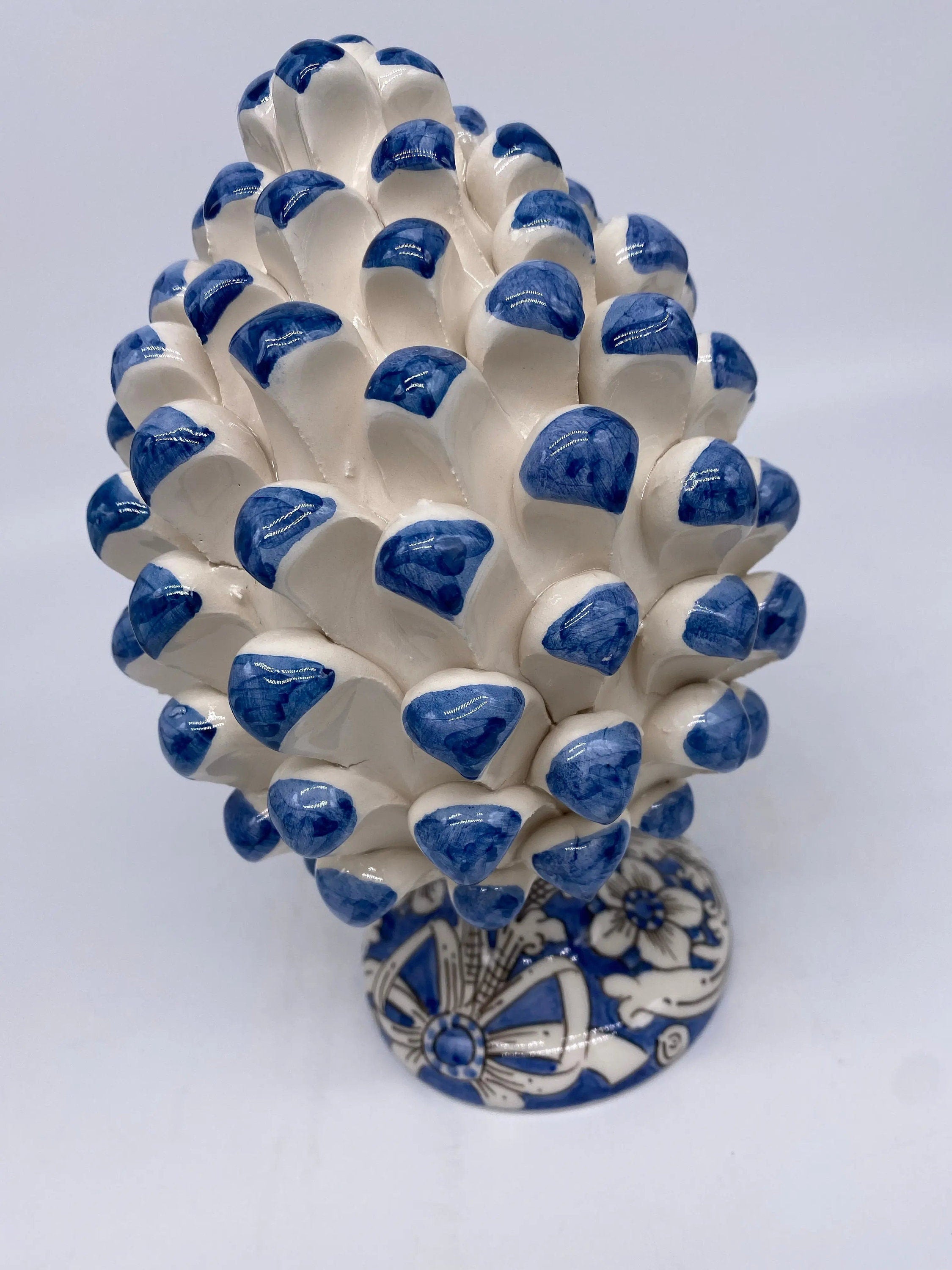 Pigna Ceramica Caltagirone cm H.20 Artigianale Base Decorata Punte Blu DD CERAMICHE SICILIANE