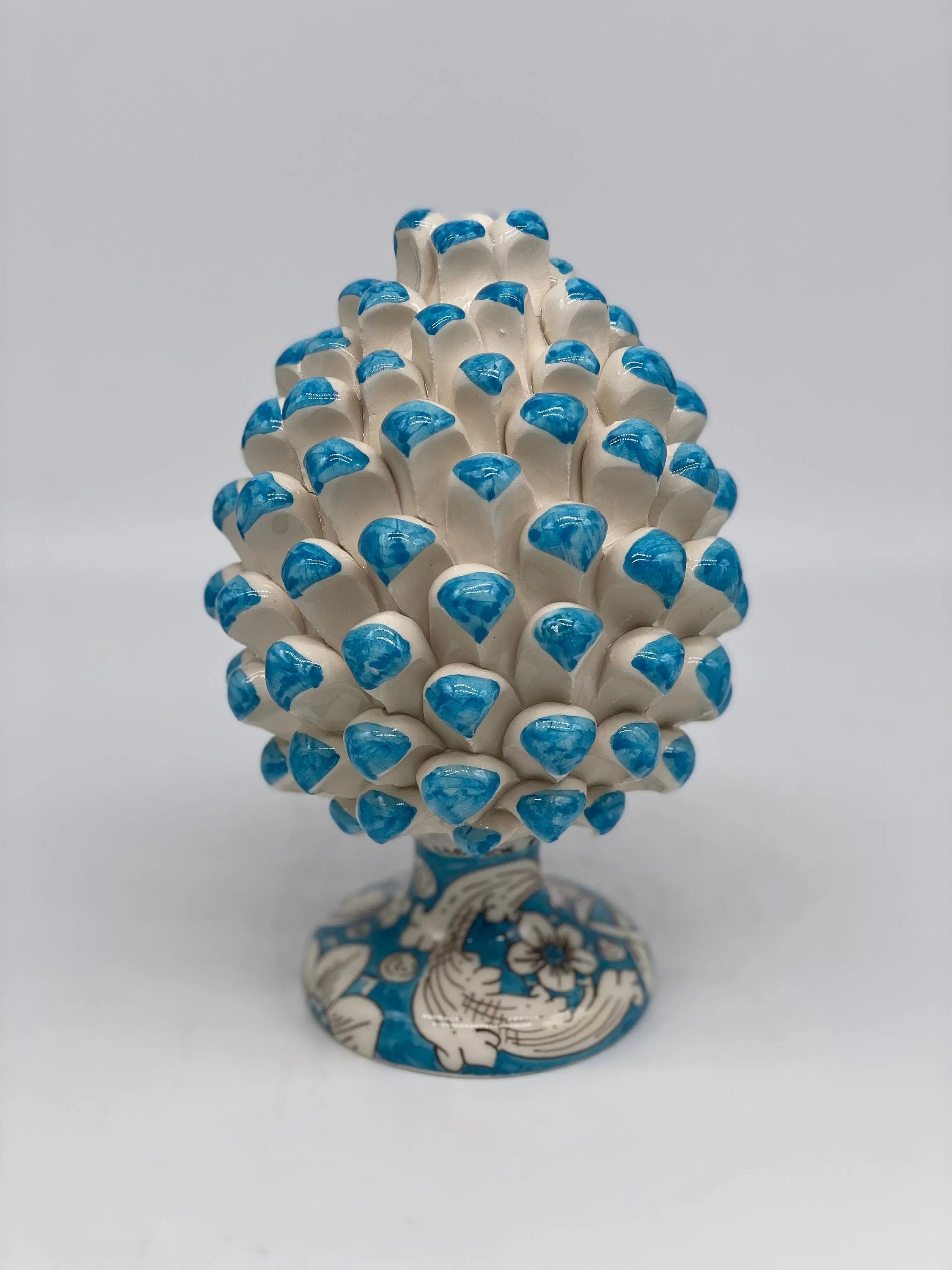 Pigna Ceramica Caltagirone cm H.20 Artigianale Base Decorata Punte Celeste DD CERAMICHE SICILIANE