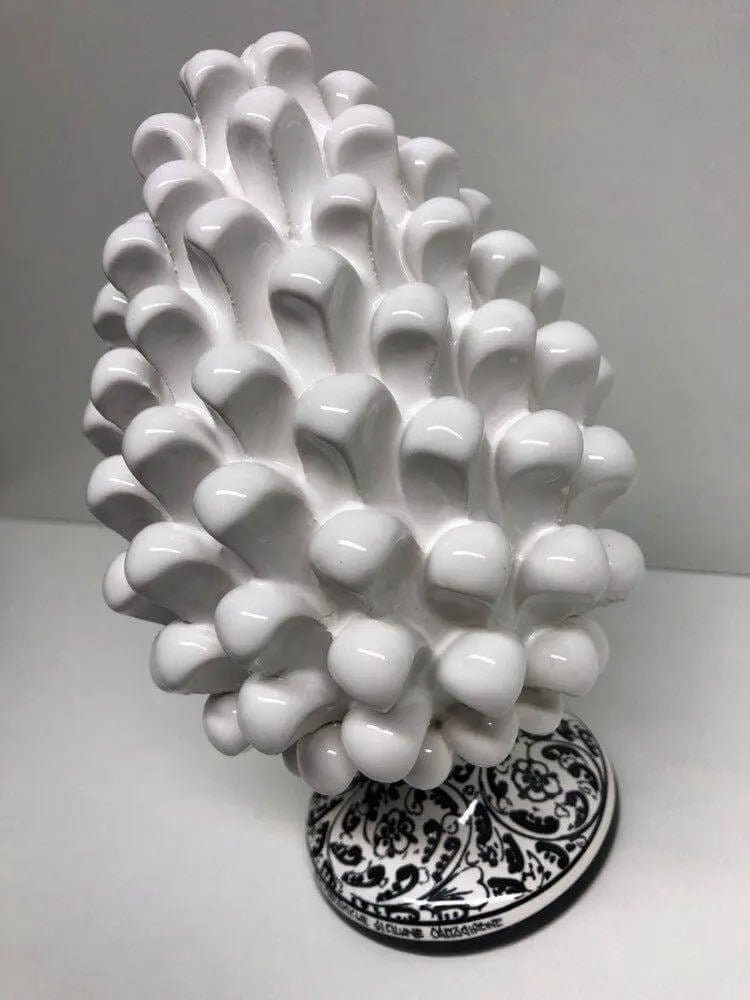 Pigna Ceramica Caltagirone cm H.20 Artigianale Bianco Base Decorata Nero DD CERAMICHE SICILIANE
