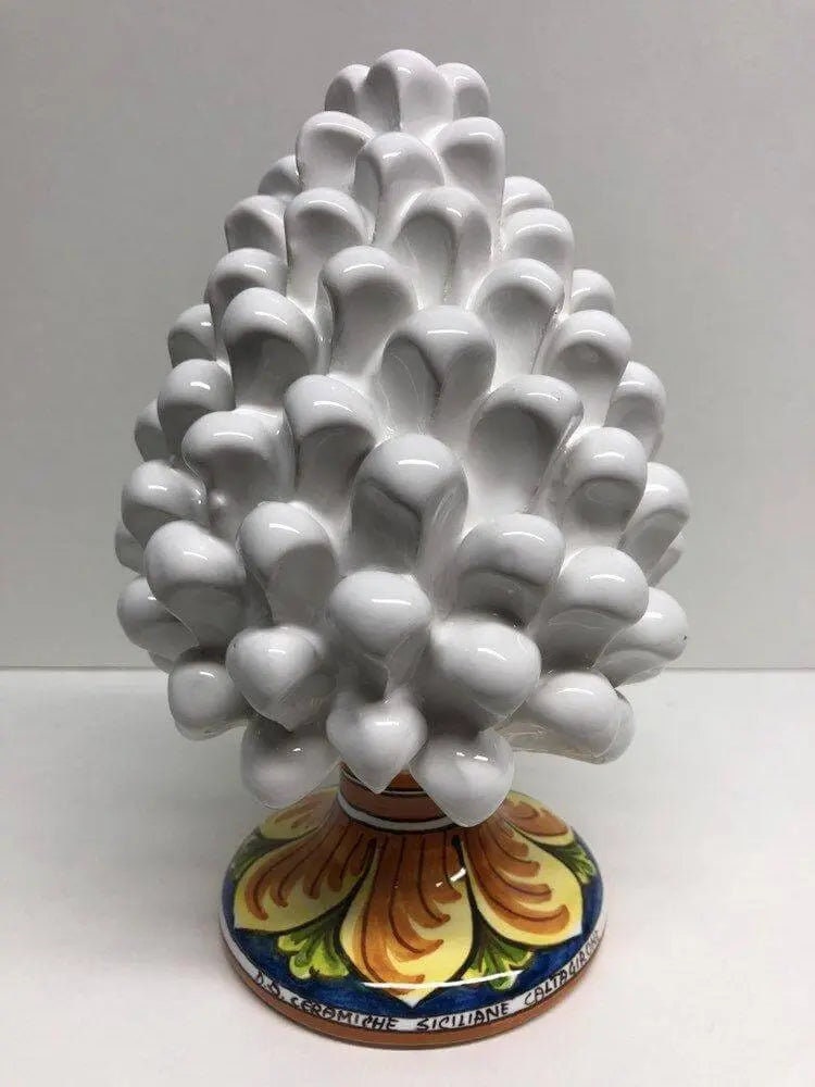 Pigna Ceramica Caltagirone cm H.20 Artigianale Bianco Base Decorata DD CERAMICHE SICILIANE