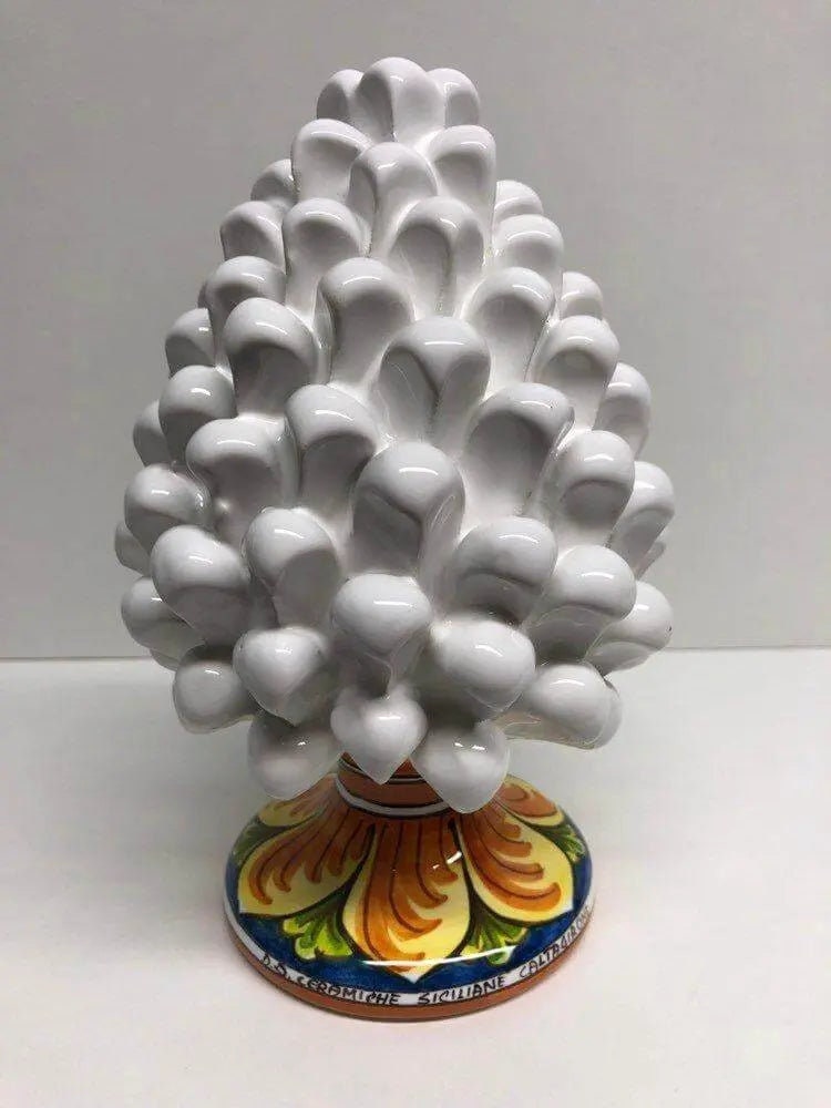 Pigna Ceramica Caltagirone cm H.20 Artigianale Bianco Base Decorata DD CERAMICHE SICILIANE