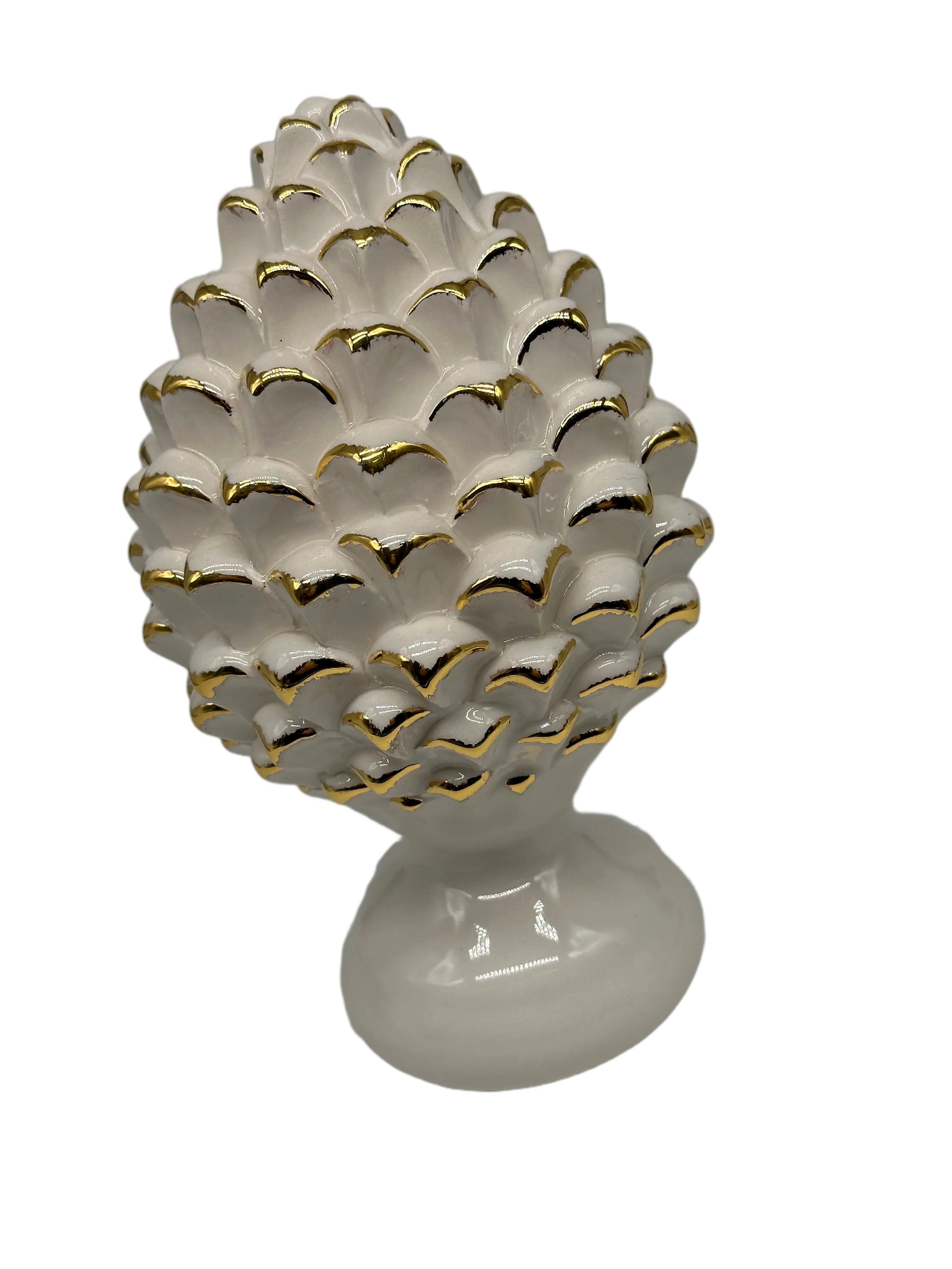Pigna Ceramica Caltagirone cm H.20 Artigianale Bianco Oro Linea Luis DD CERAMICHE SICILIANE