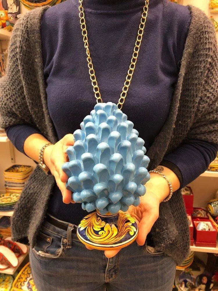 Pigna Ceramica Caltagirone cm H.20 Artigianale Celeste Base Decorata DD CERAMICHE SICILIANE