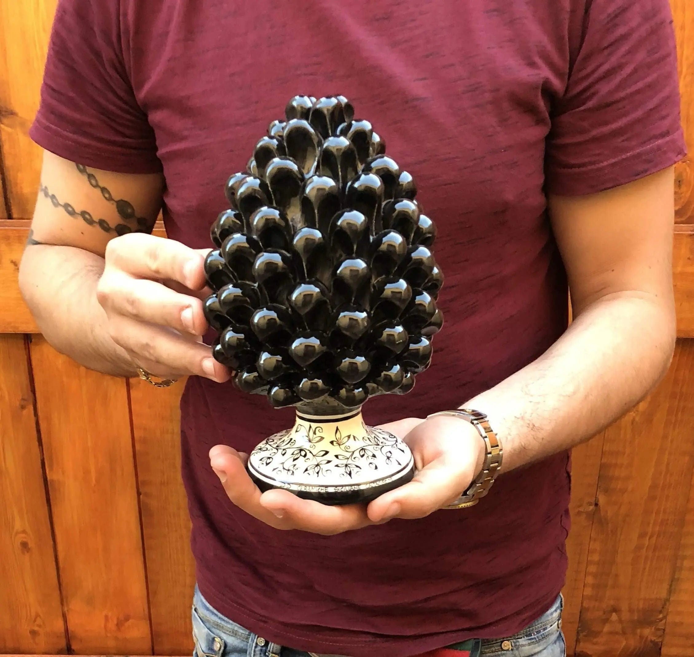 Pigna Ceramica Caltagirone cm H.20 Artigianale Nero Base Decorata DD CERAMICHE SICILIANE