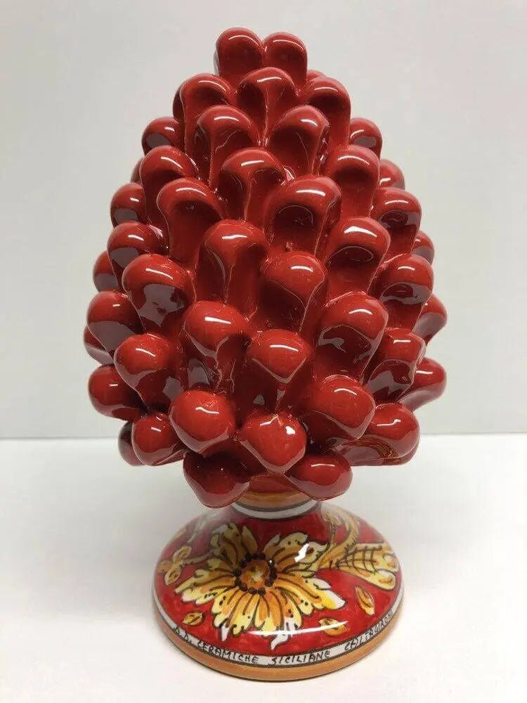 Pigna Ceramica Caltagirone cm H.20 Artigianale Rosso Base Decorata Giglio DD CERAMICHE SICILIANE