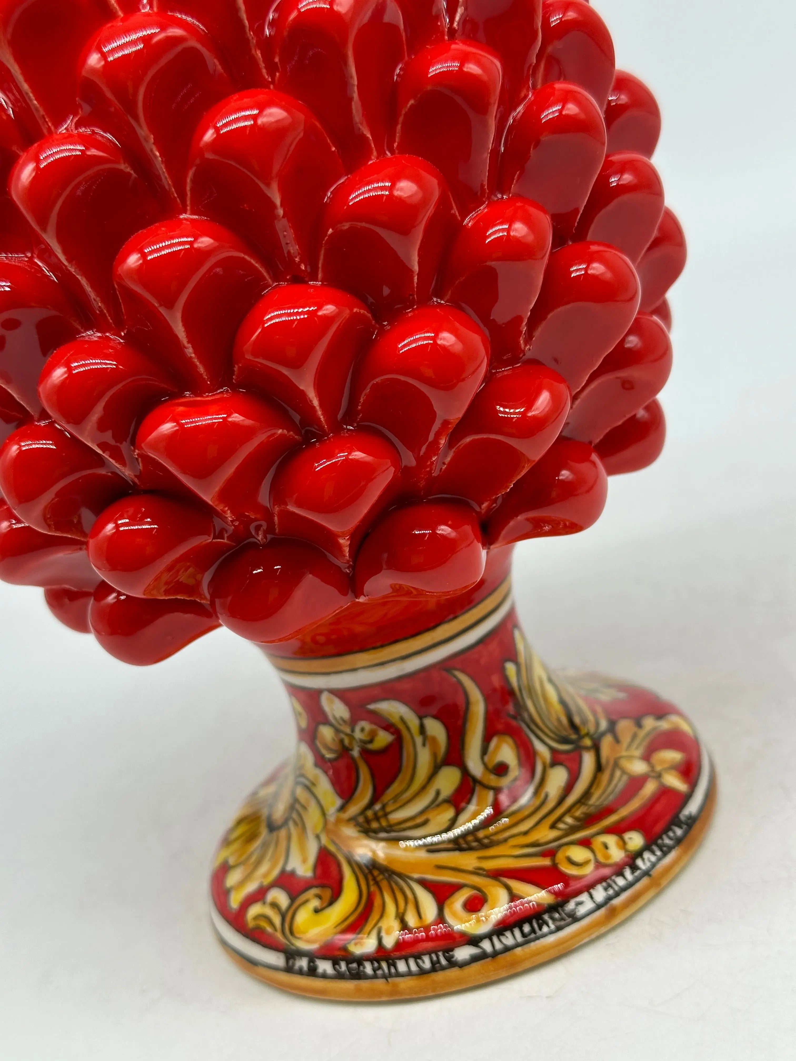 Pigna Ceramica Caltagirone cm H.20 Artigianale Rosso Base Decorata Giglio DD CERAMICHE SICILIANE
