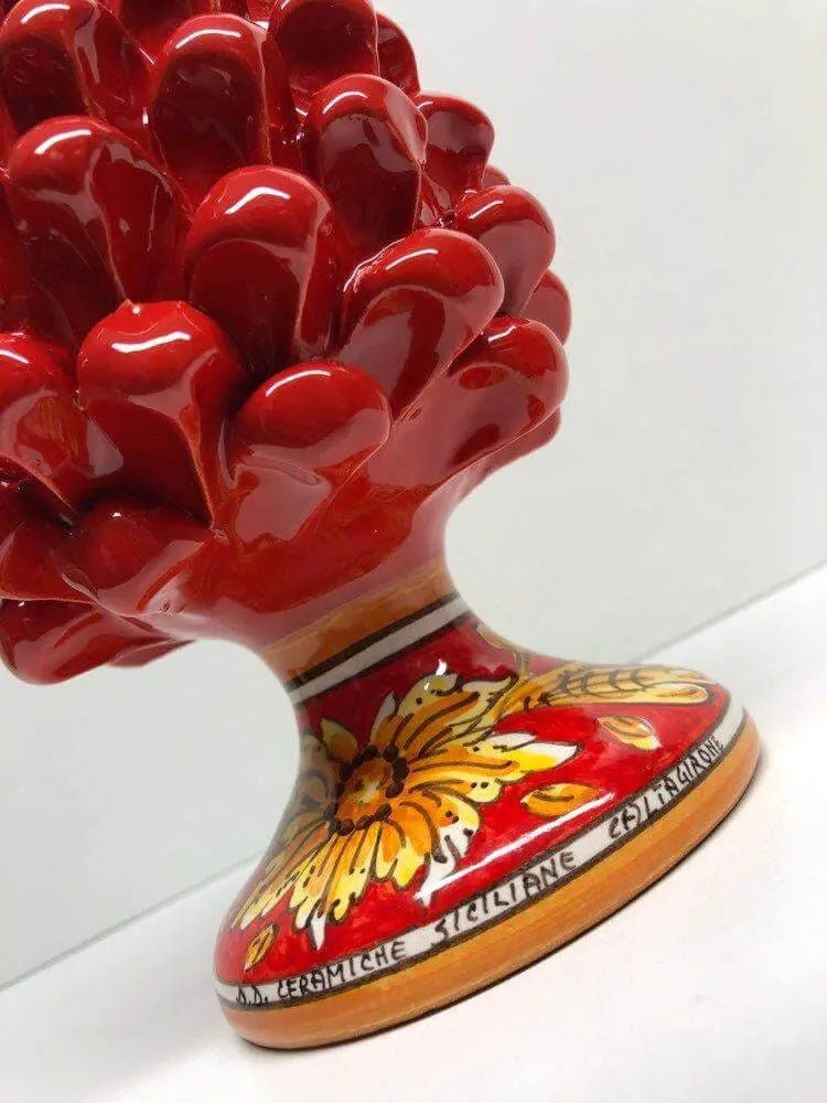 Pigna Ceramica Caltagirone cm H.20 Artigianale Rosso Base Decorata Giglio DD CERAMICHE SICILIANE