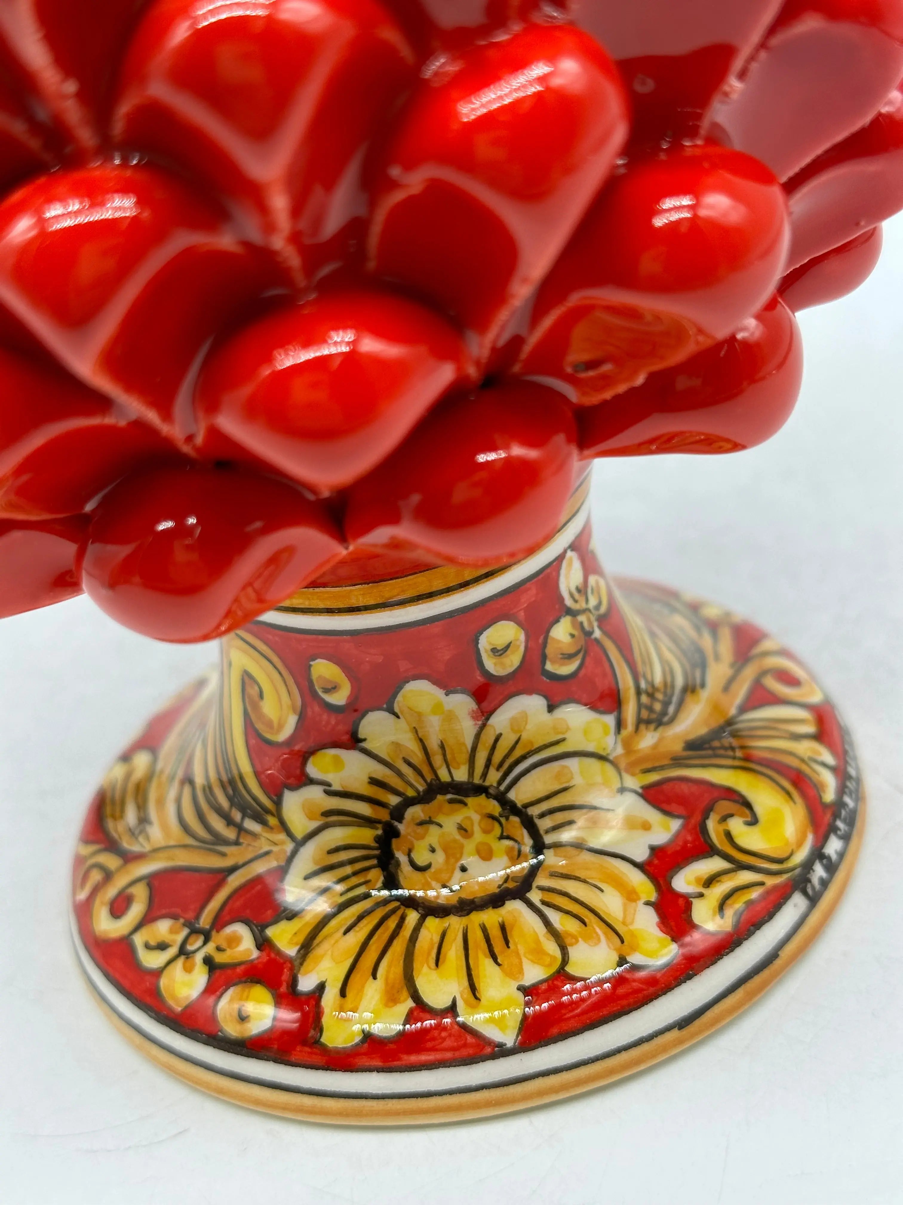 Pigna Ceramica Caltagirone cm H.20 Artigianale Rosso Base Decorata Giglio DD CERAMICHE SICILIANE