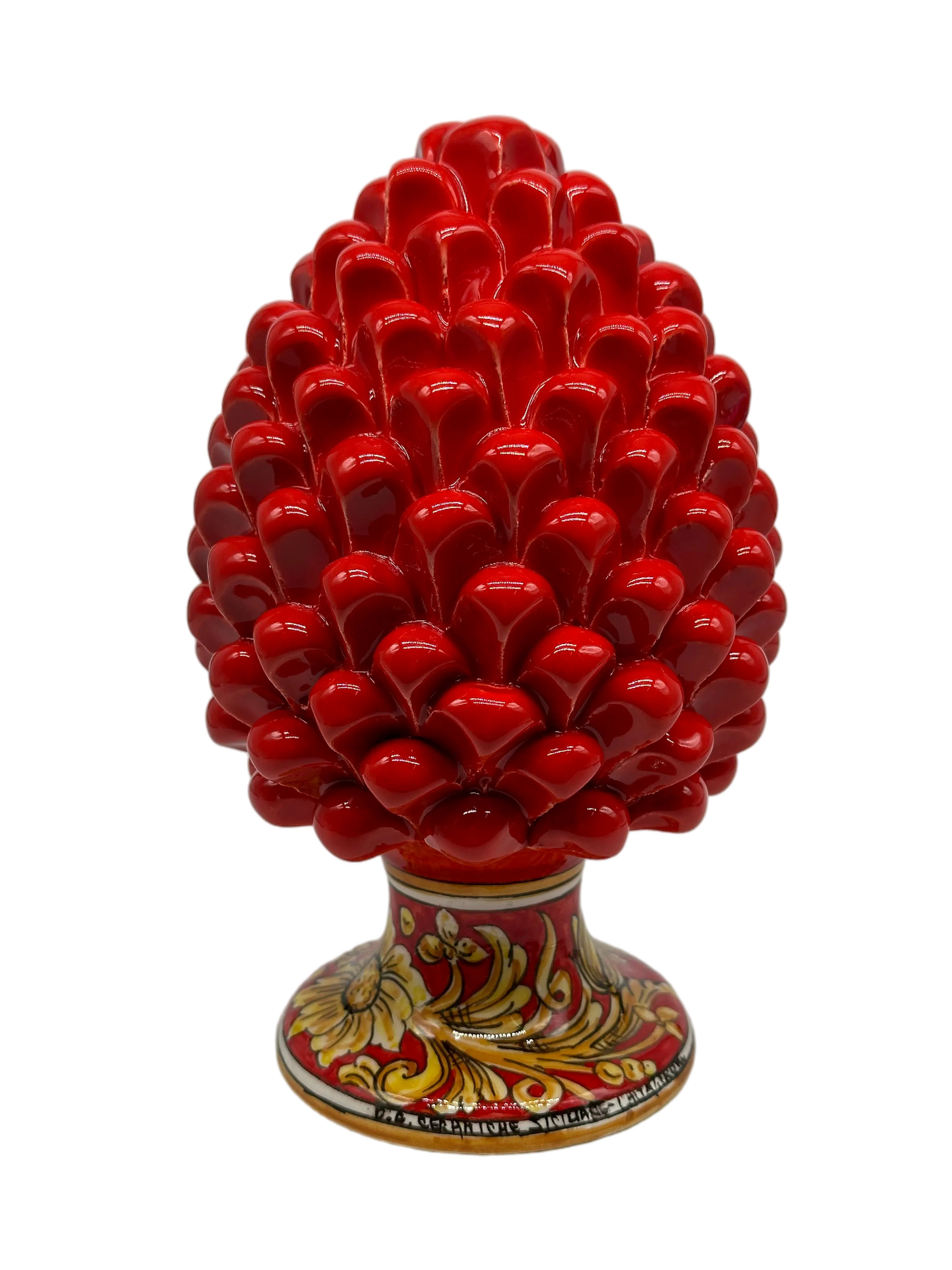 Pigna Ceramica Caltagirone cm H.20 Artigianale Rosso Base Decorata Giglio DD CERAMICHE SICILIANE
