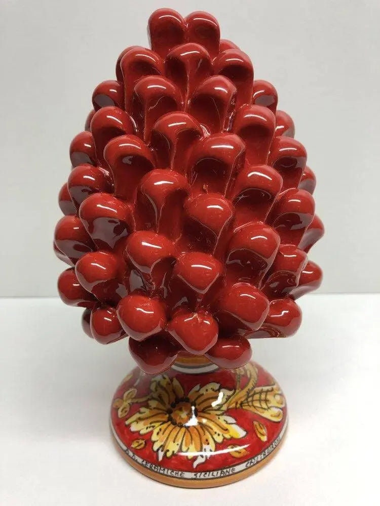 Pigna Ceramica Caltagirone cm H.20 Artigianale Rosso Base Decorata Giglio DD CERAMICHE SICILIANE