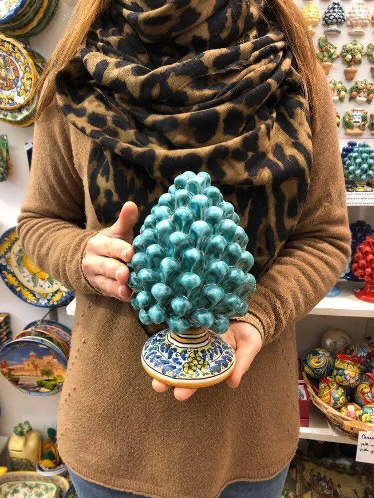 Pigna Ceramica Caltagirone cm H.20 Artigianale Verde Acqua Base Decorata Fiori DD CERAMICHE SICILIANE