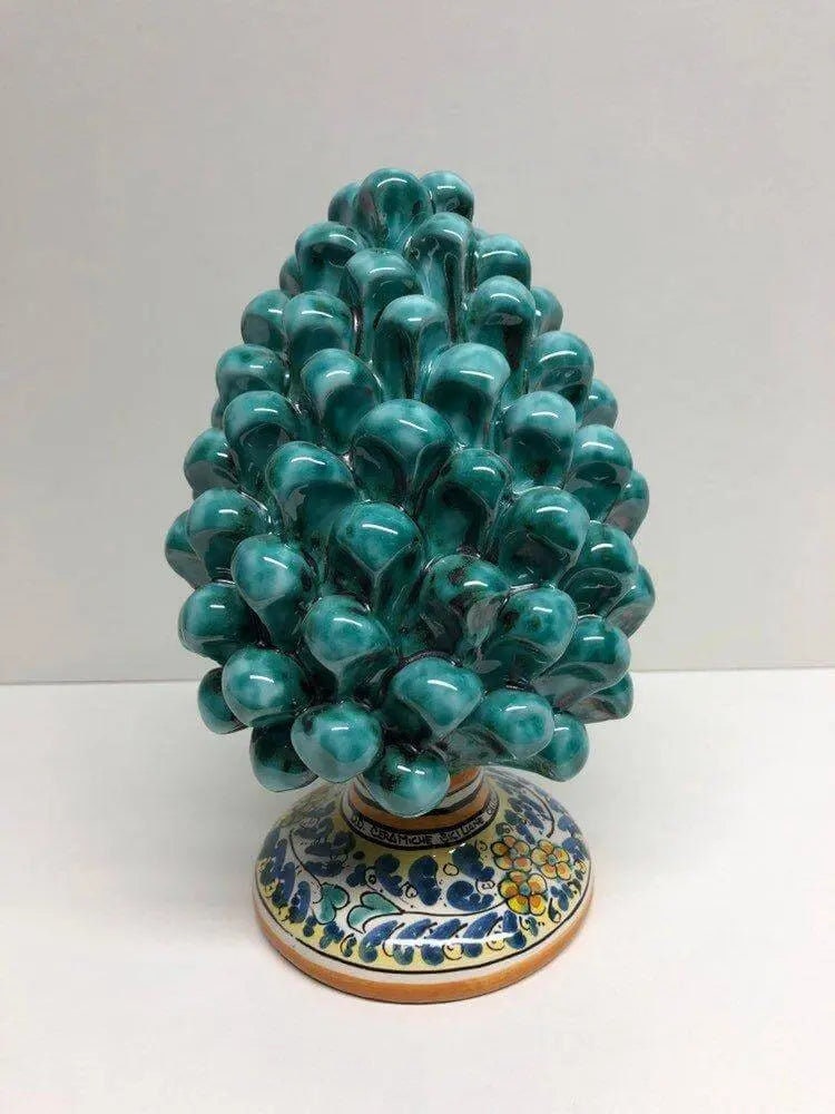 Pigna Ceramica Caltagirone cm H.20 Artigianale Verde Acqua Base Decorata Fiori DD CERAMICHE SICILIANE
