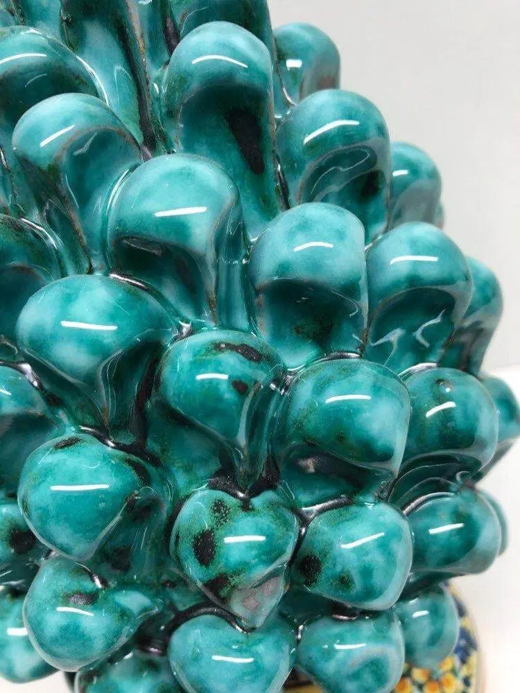 Pigna Ceramica Caltagirone cm H.20 Artigianale Verde Acqua Base Decorata Fiori DD CERAMICHE SICILIANE