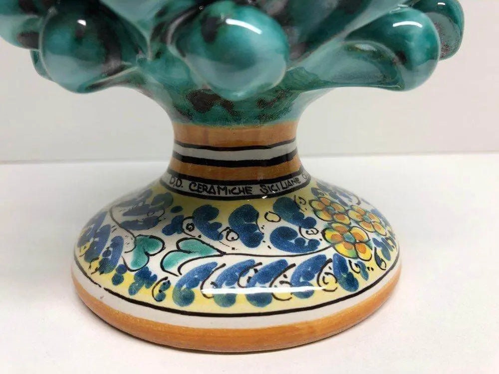 Pigna Ceramica Caltagirone cm H.20 Artigianale Verde Acqua Base Decorata Fiori DD CERAMICHE SICILIANE