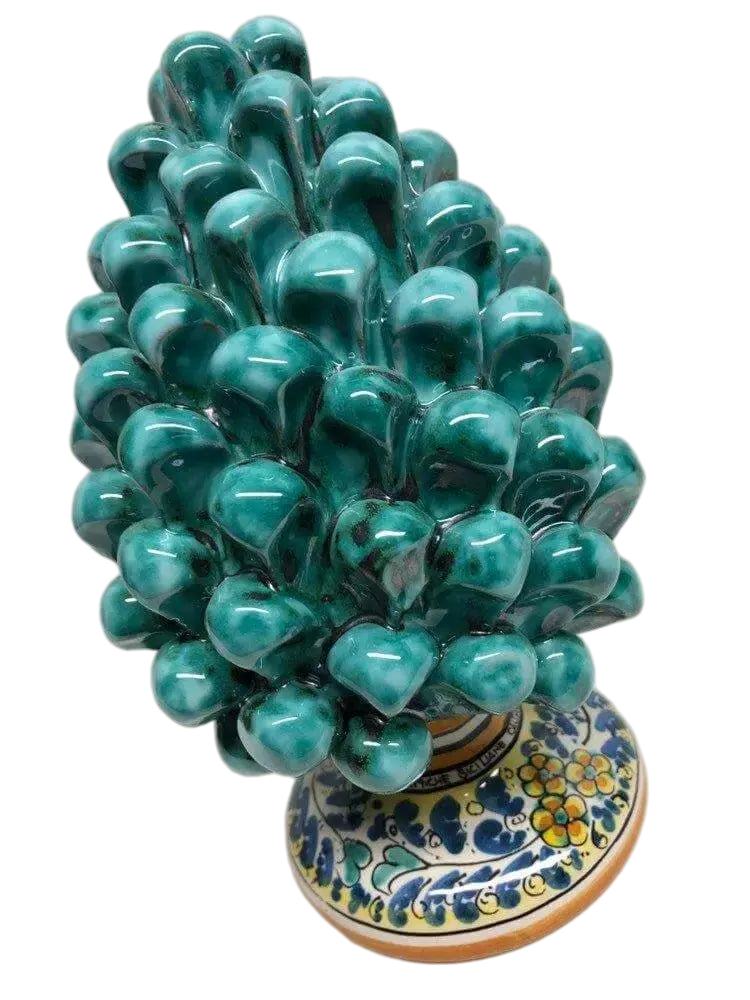 Pigna Ceramica Caltagirone cm H.20 Artigianale Verde Acqua Base Decorata Fiori - DD CERAMICHE SICILIANE