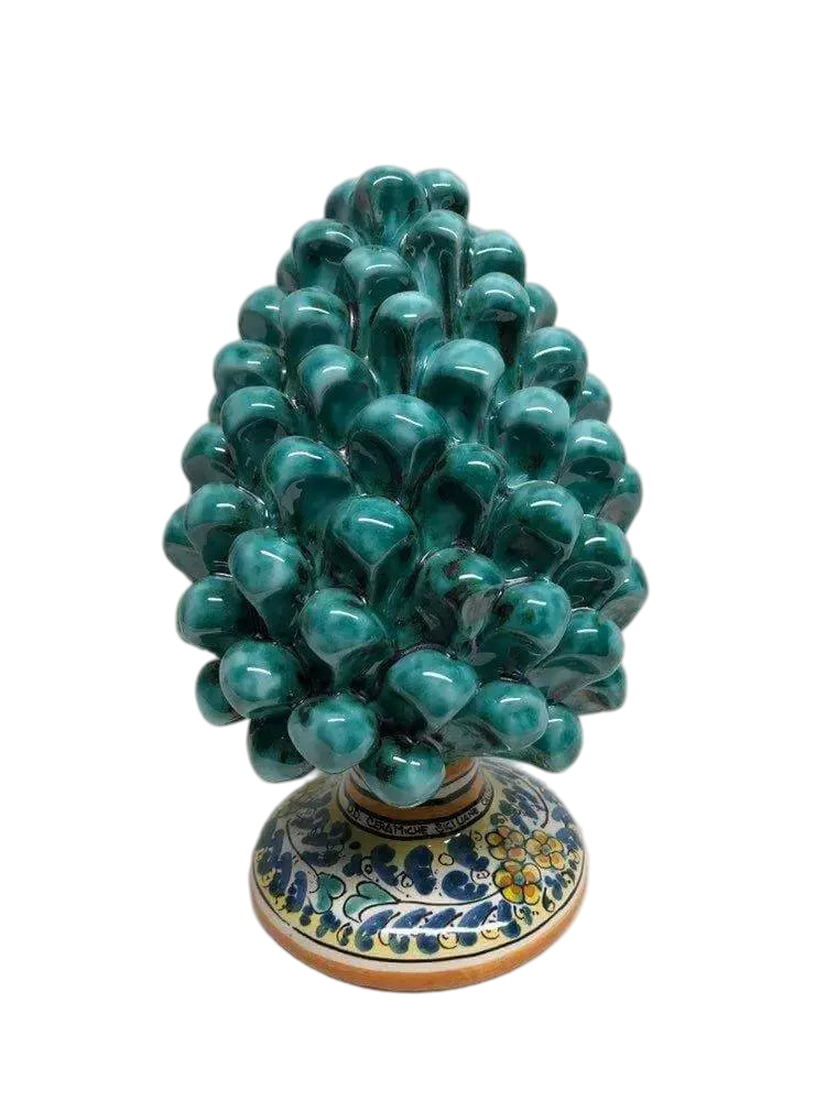 Pigna Ceramica Caltagirone cm H.20 Artigianale Verde Acqua Base Decorata Fiori - DD CERAMICHE SICILIANE
