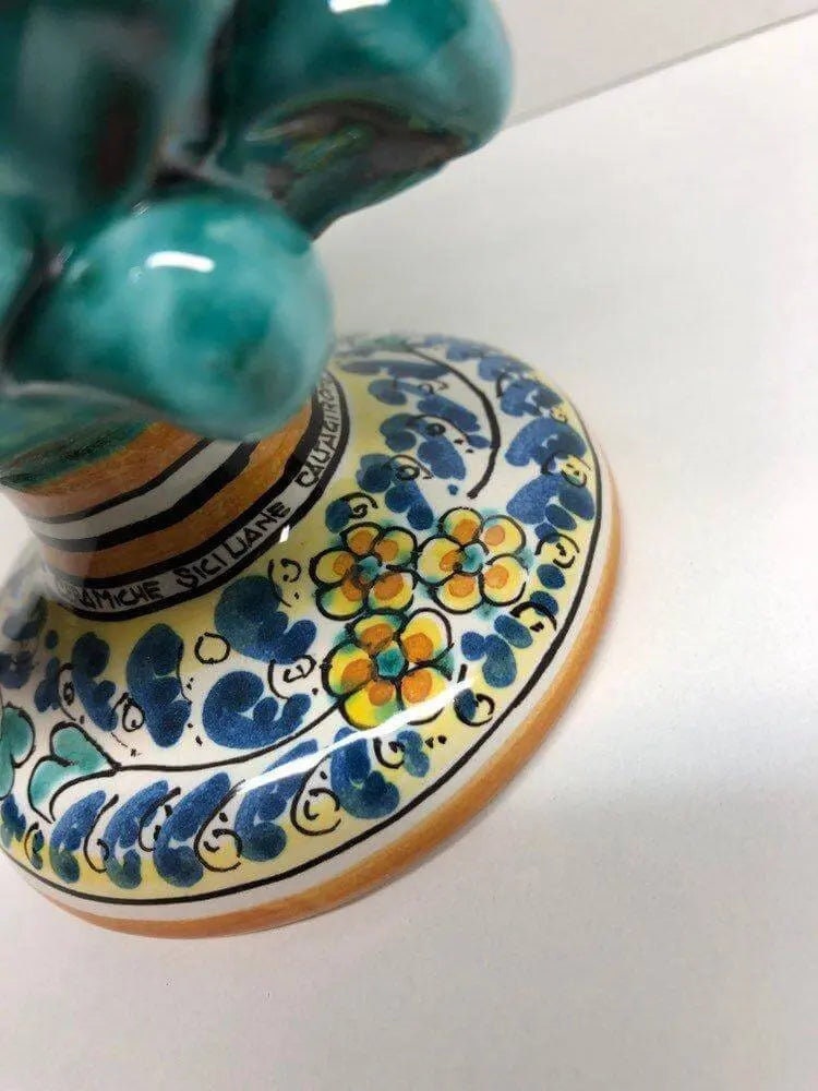 Pigna Ceramica Caltagirone cm H.20 Artigianale Verde Acqua Base Decorata Fiori DD CERAMICHE SICILIANE