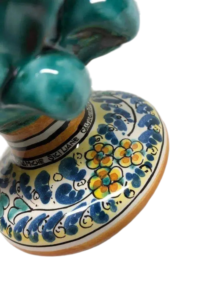 Pigna Ceramica Caltagirone cm H.20 Artigianale Verde Acqua Base Decorata Fiori - DD CERAMICHE SICILIANE