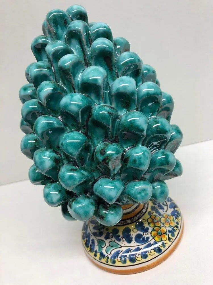 Pigna Ceramica Caltagirone cm H.20 Artigianale Verde Acqua Base Decorata Fiori DD CERAMICHE SICILIANE
