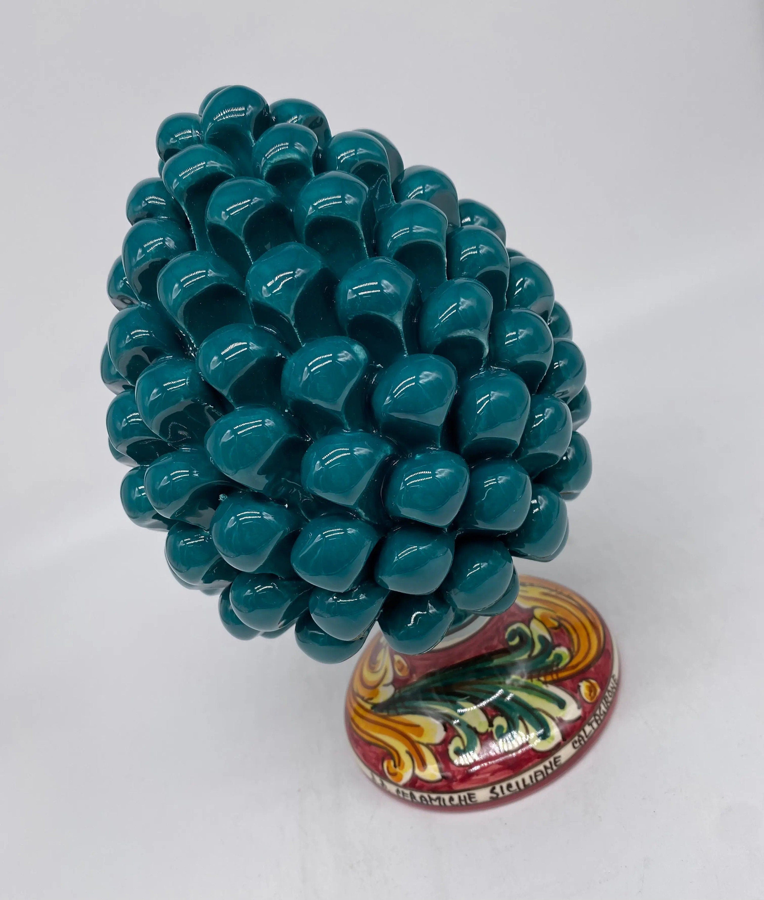 Pigna Ceramica Caltagirone cm H.20 Artigianale Verde Ottanio Base Decorata DD CERAMICHE SICILIANE