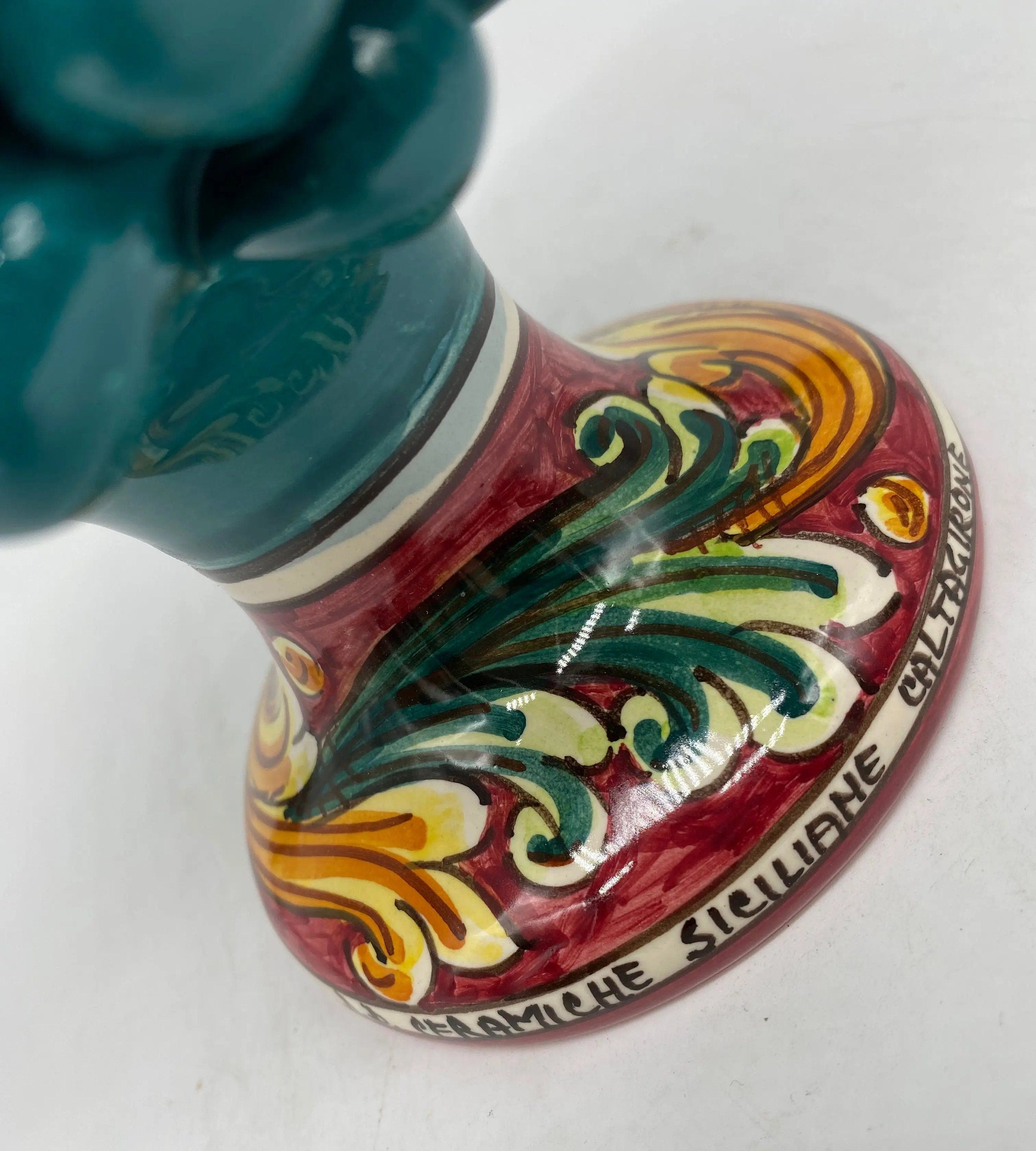 Pigna Ceramica Caltagirone cm H.20 Artigianale Verde Ottanio Base Decorata DD CERAMICHE SICILIANE