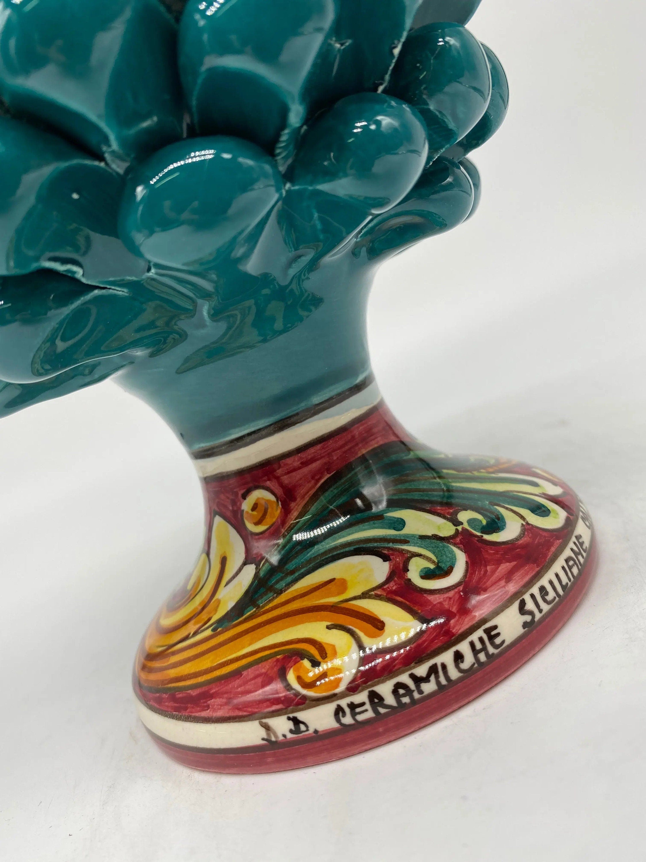 Pigna Ceramica Caltagirone cm H.20 Artigianale Verde Ottanio Base Decorata DD CERAMICHE SICILIANE