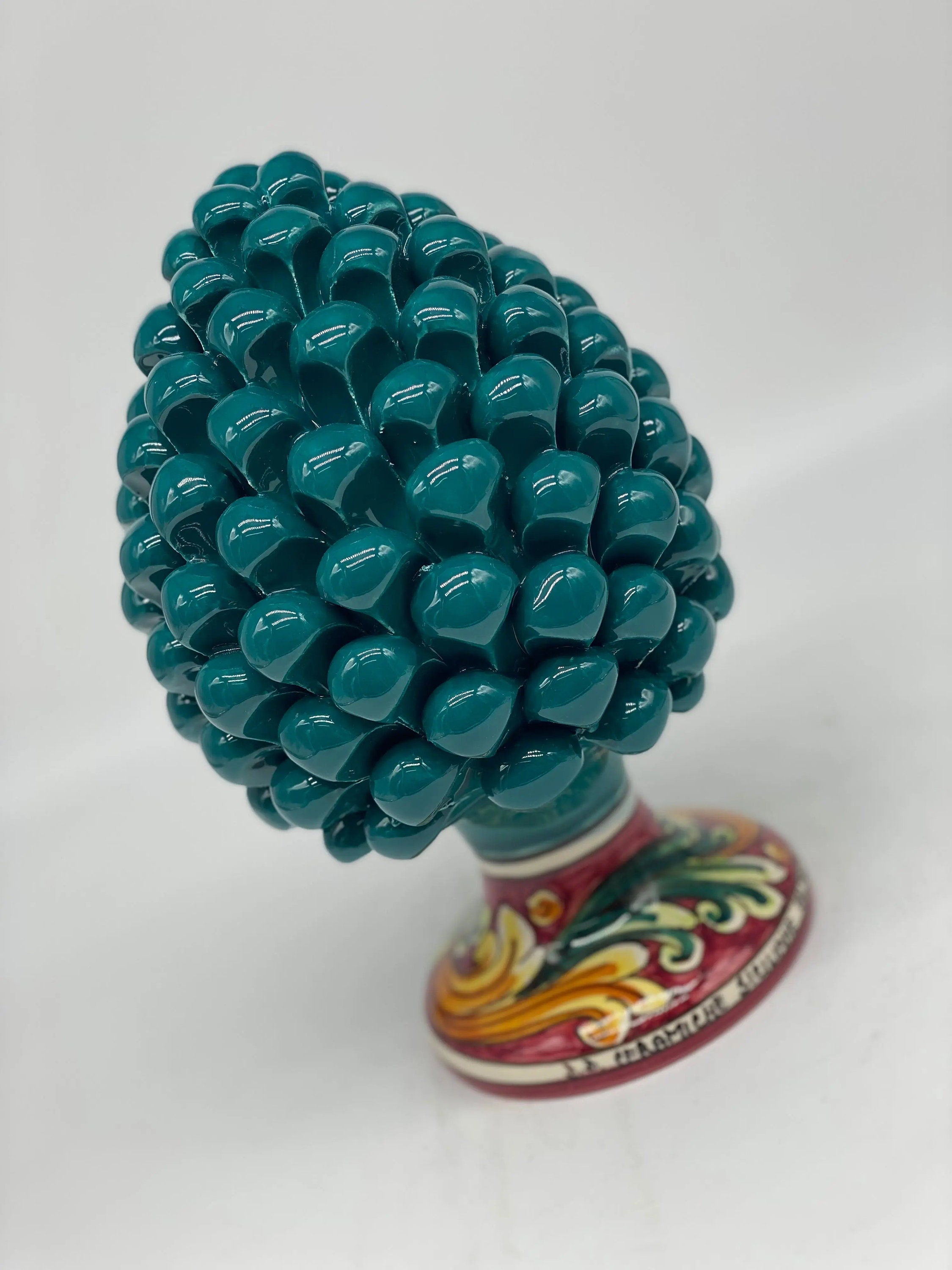 Pigna Ceramica Caltagirone cm H.20 Artigianale Verde Ottanio Base Decorata DD CERAMICHE SICILIANE