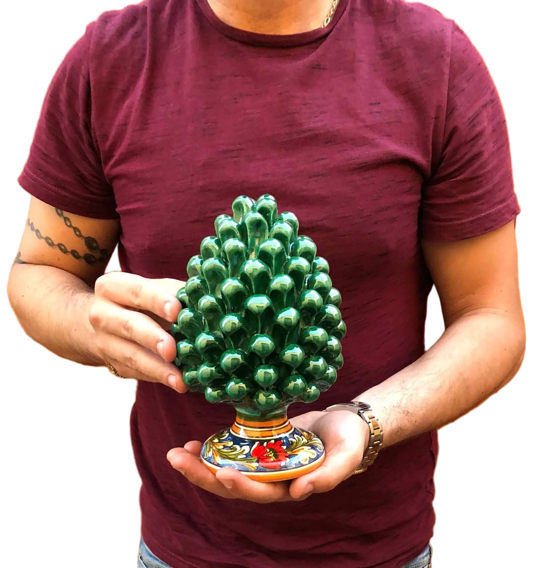 Pigna Ceramica Caltagirone cm H.20 Artigianale Verde Prato Base Decorata DD CERAMICHE SICILIANE