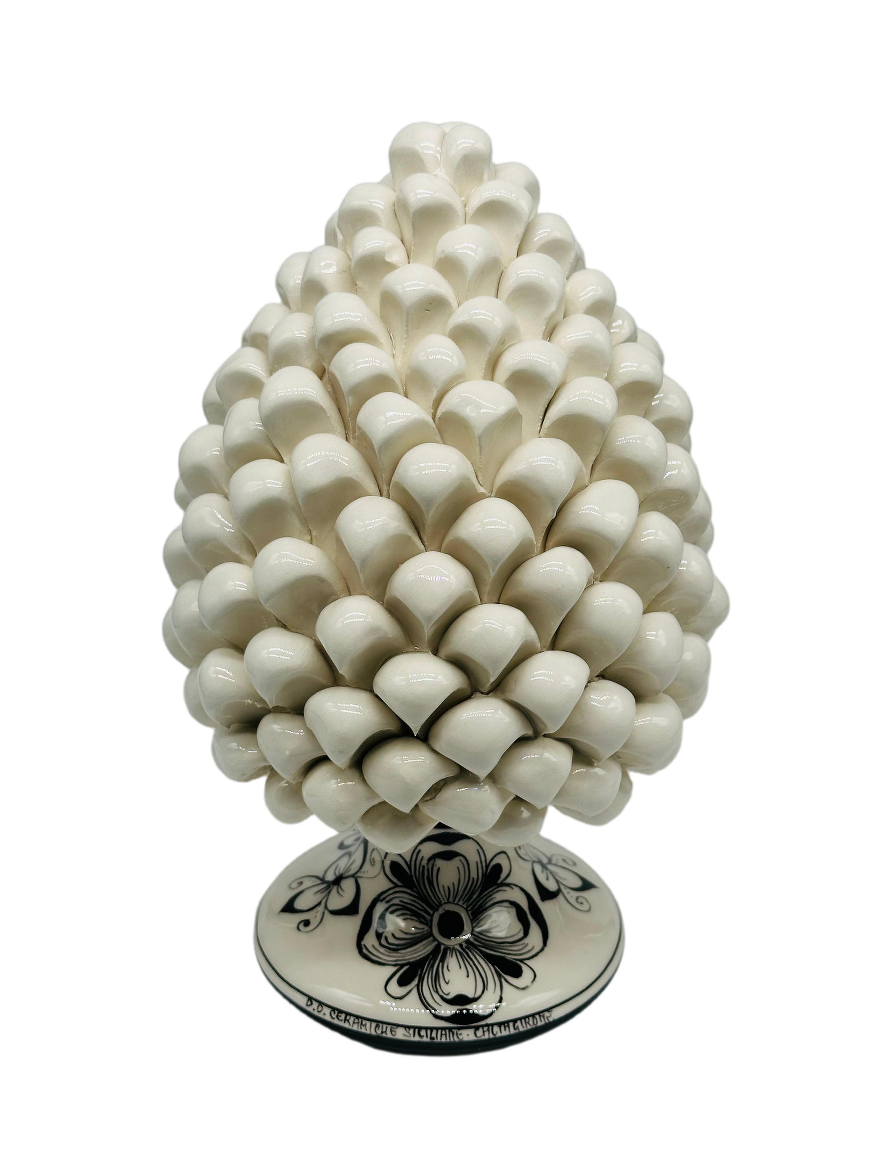 Pigna Ceramica Caltagirone cm H.25 Artigianale Bianco Base Decorata DD CERAMICHE SICILIANE