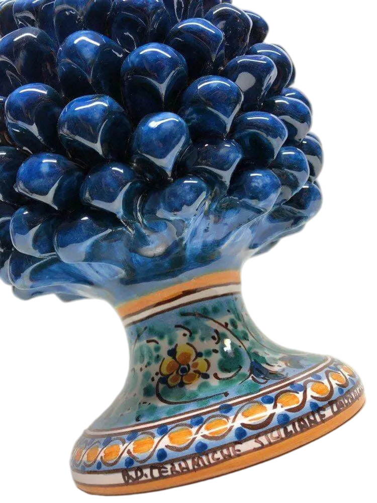 Pigna Ceramica Caltagirone cm H.25 Artigianale Blu Antico Base Decorata Fiori DD CERAMICHE SICILIANE