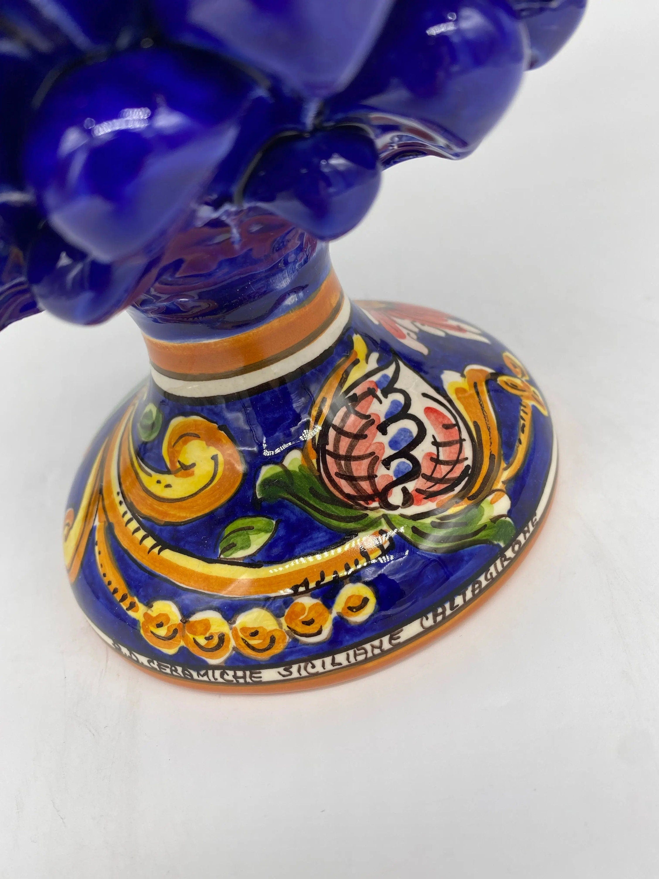 Pigna Ceramica Caltagirone cm H.25 Artigianale Blu Base Decorata DD CERAMICHE SICILIANE