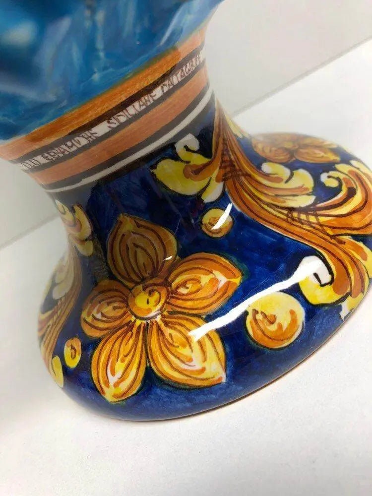 Pigna Ceramica Caltagirone cm H.25 Artigianale Celeste Base Decorata DD CERAMICHE SICILIANE