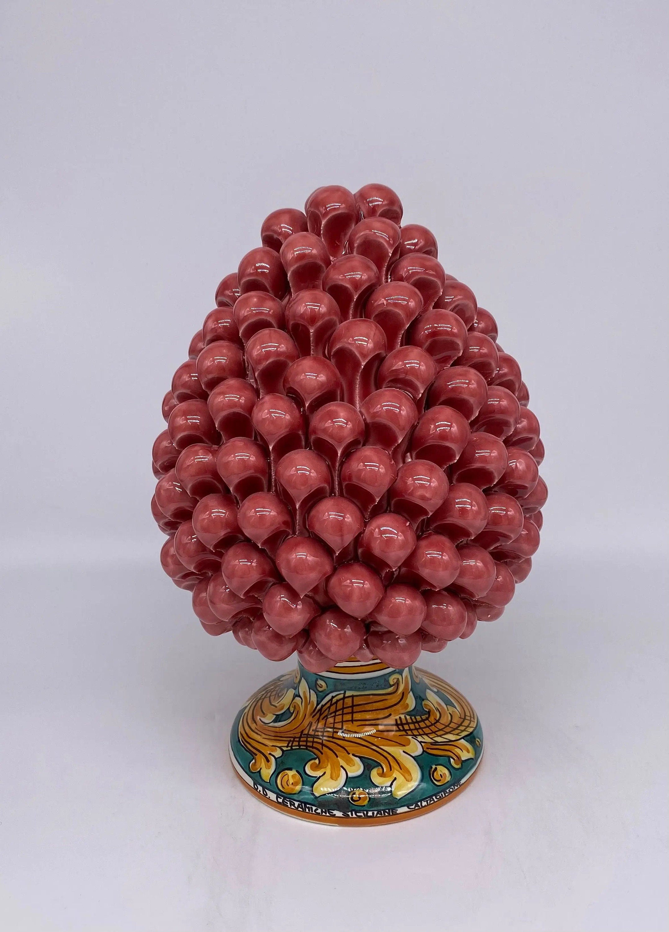 Pigna Ceramica Caltagirone cm H.25 Artigianale Rosa Base Decorata DD CERAMICHE SICILIANE