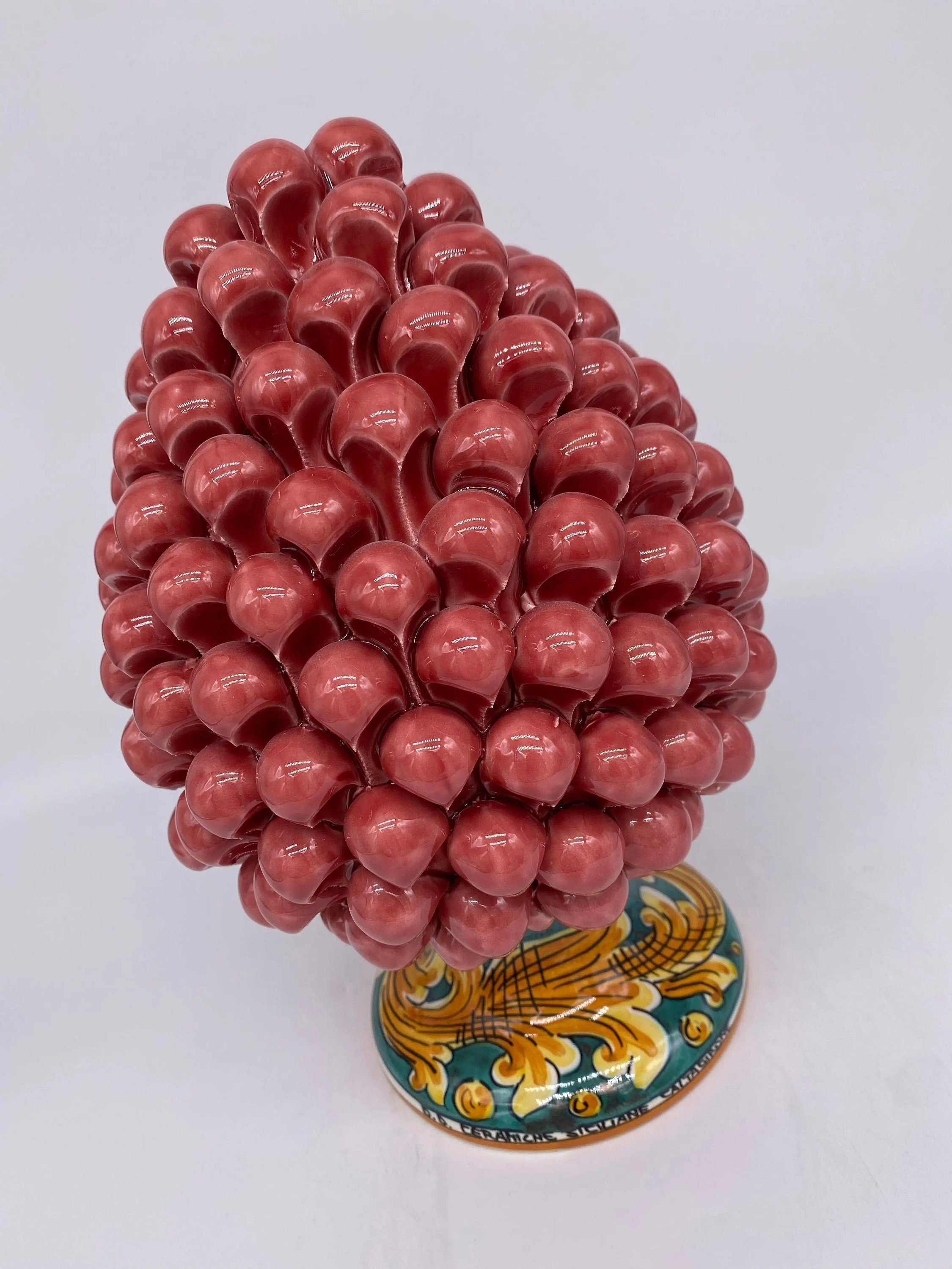 Pigna Ceramica Caltagirone cm H.25 Artigianale Rosa Base Decorata DD CERAMICHE SICILIANE
