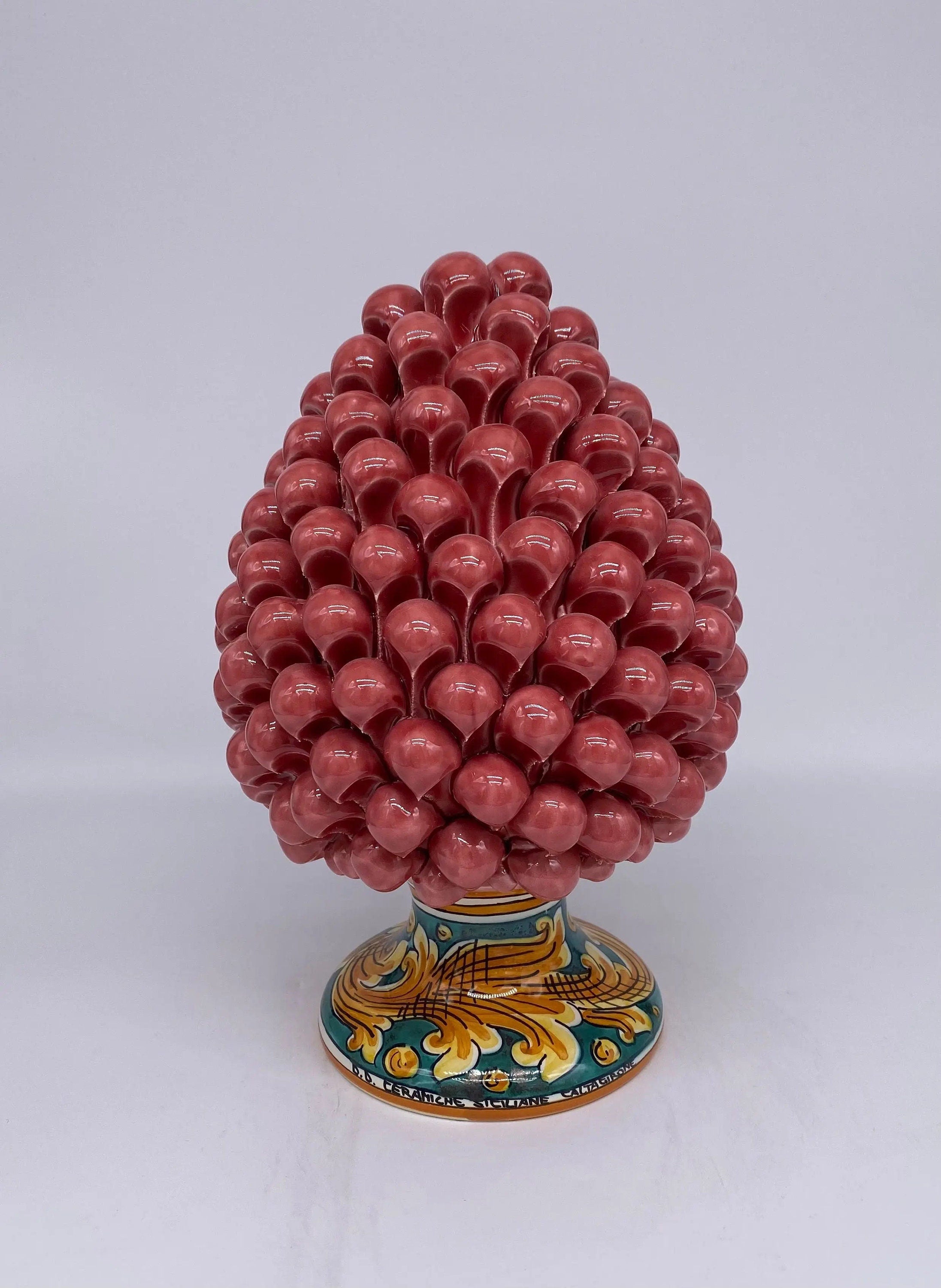 Pigna Ceramica Caltagirone cm H.25 Artigianale Rosa Base Decorata DD CERAMICHE SICILIANE