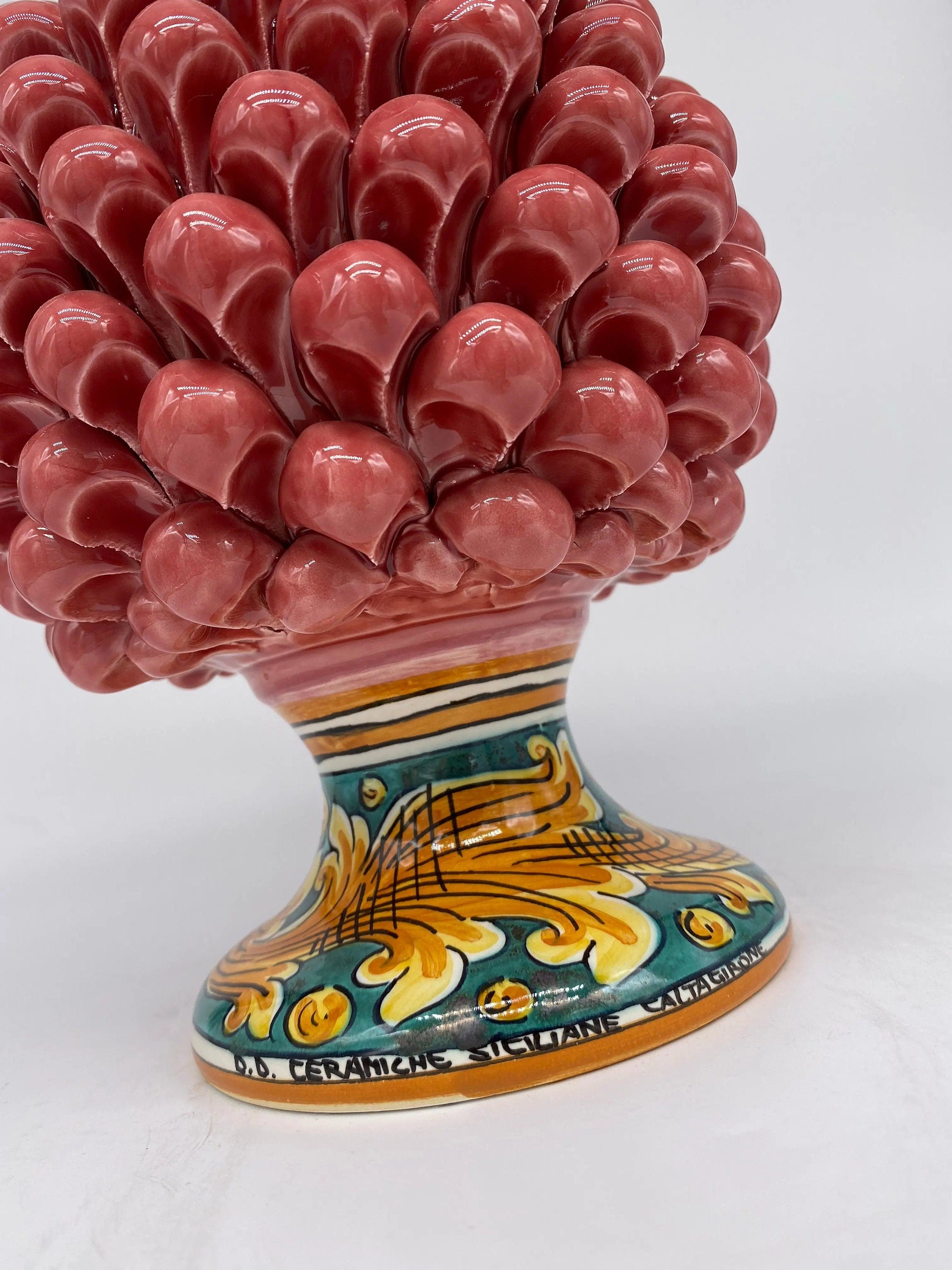 Pigna Ceramica Caltagirone cm H.25 Artigianale Rosa Base Decorata DD CERAMICHE SICILIANE