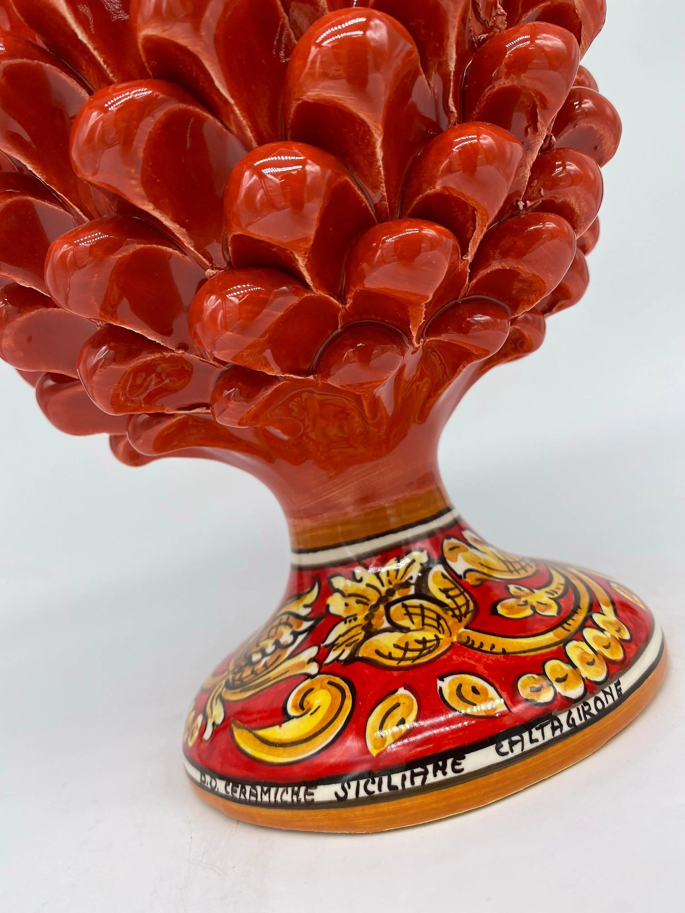 Pigna Ceramica Caltagirone cm H.25 Artigianale Rosso Base Decorata DD CERAMICHE SICILIANE
