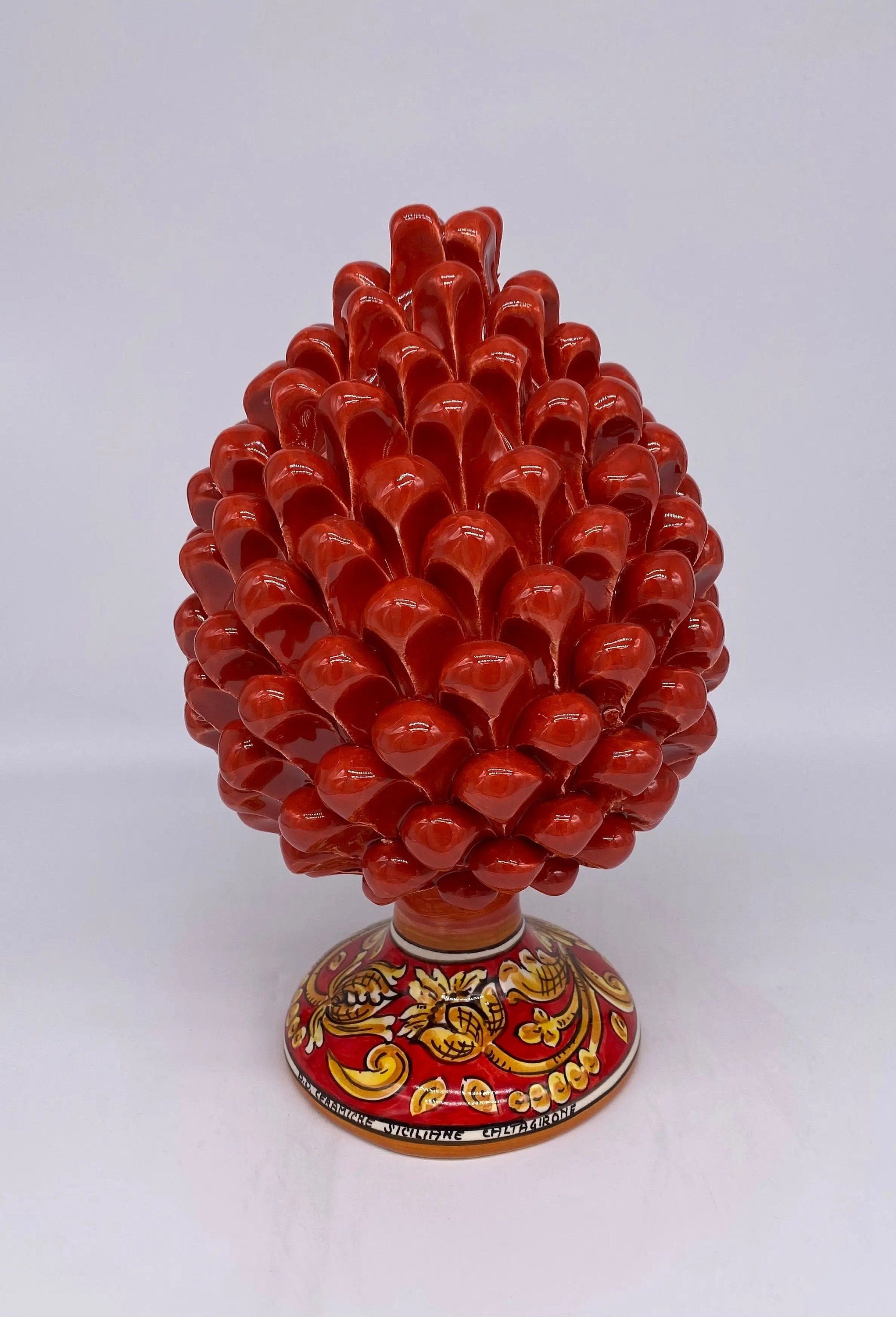 Pigna Ceramica Caltagirone cm H.25 Artigianale Rosso Base Decorata DD CERAMICHE SICILIANE