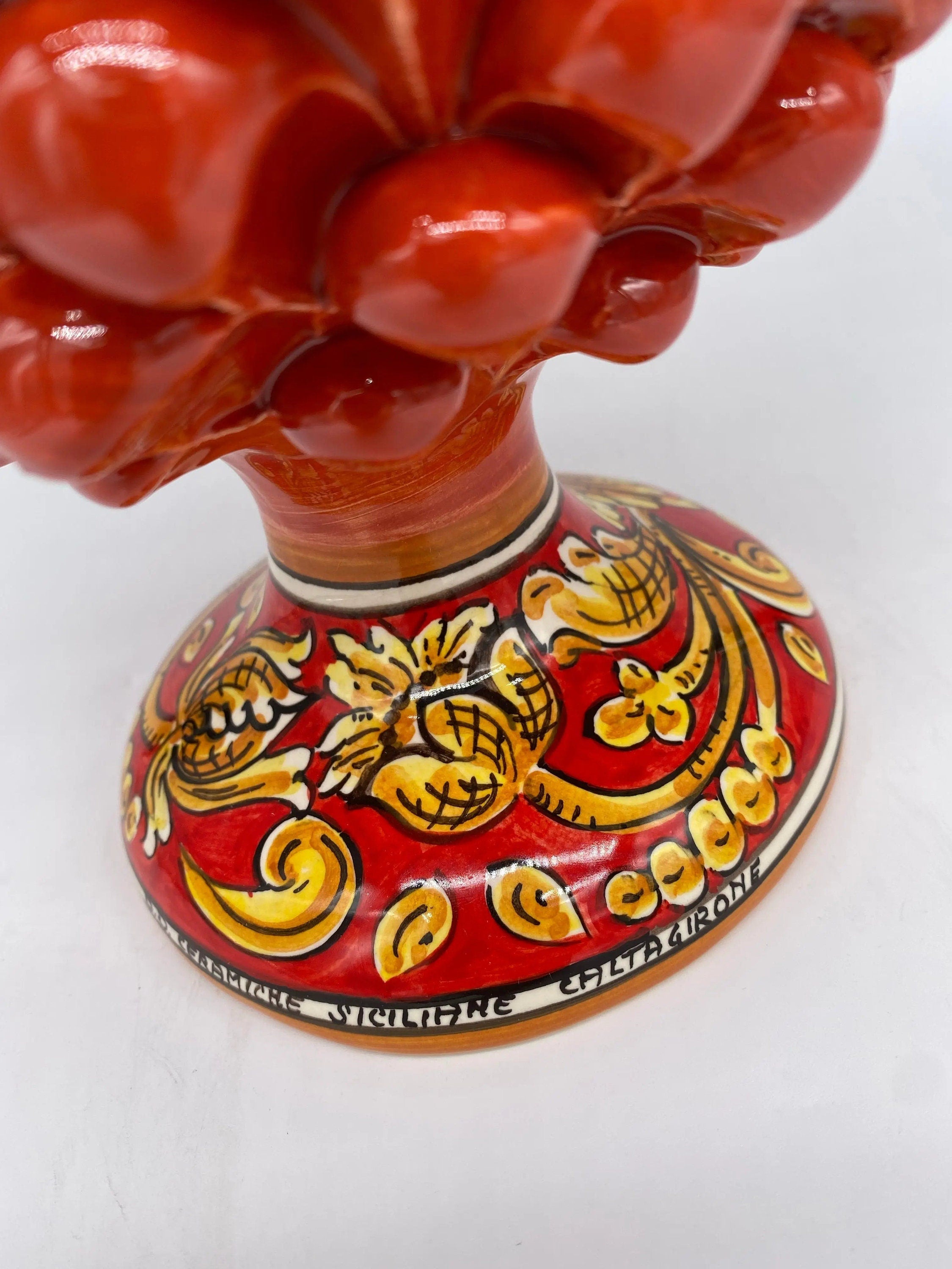 Pigna Ceramica Caltagirone cm H.25 Artigianale Rosso Base Decorata DD CERAMICHE SICILIANE