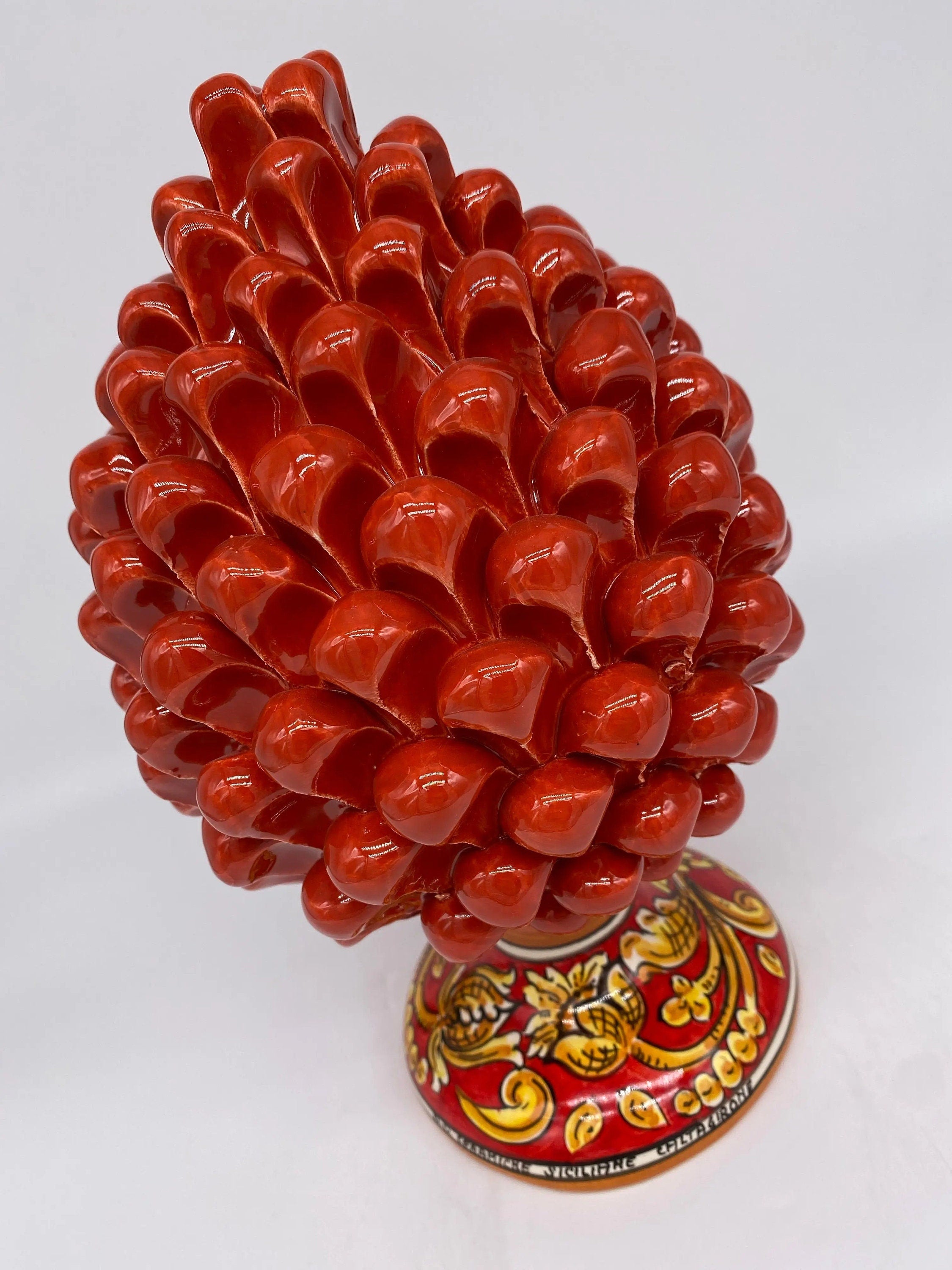 Pigna Ceramica Caltagirone cm H.25 Artigianale Rosso Base Decorata DD CERAMICHE SICILIANE