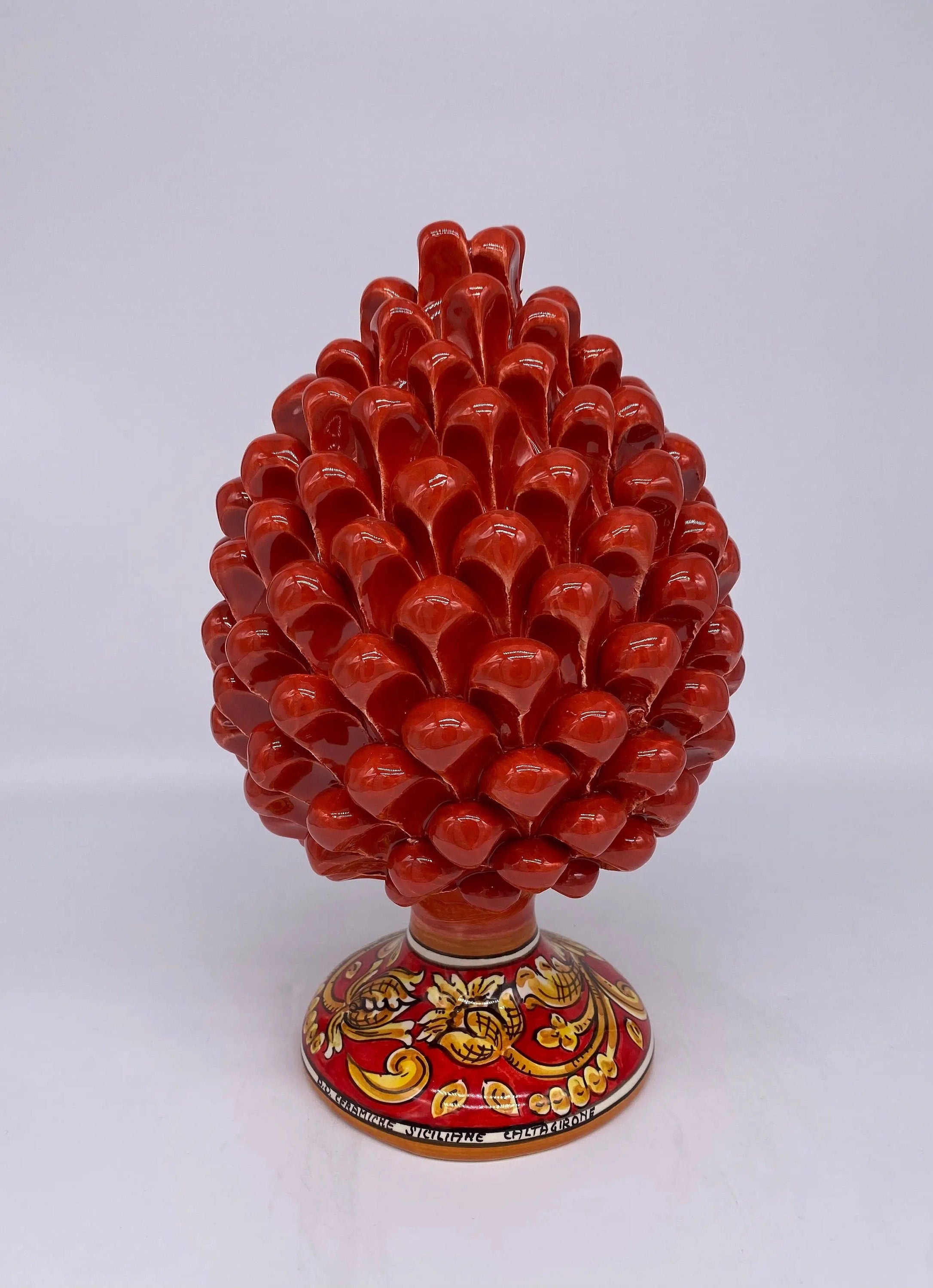 Pigna Ceramica Caltagirone cm H.25 Artigianale Rosso Base Decorata DD CERAMICHE SICILIANE