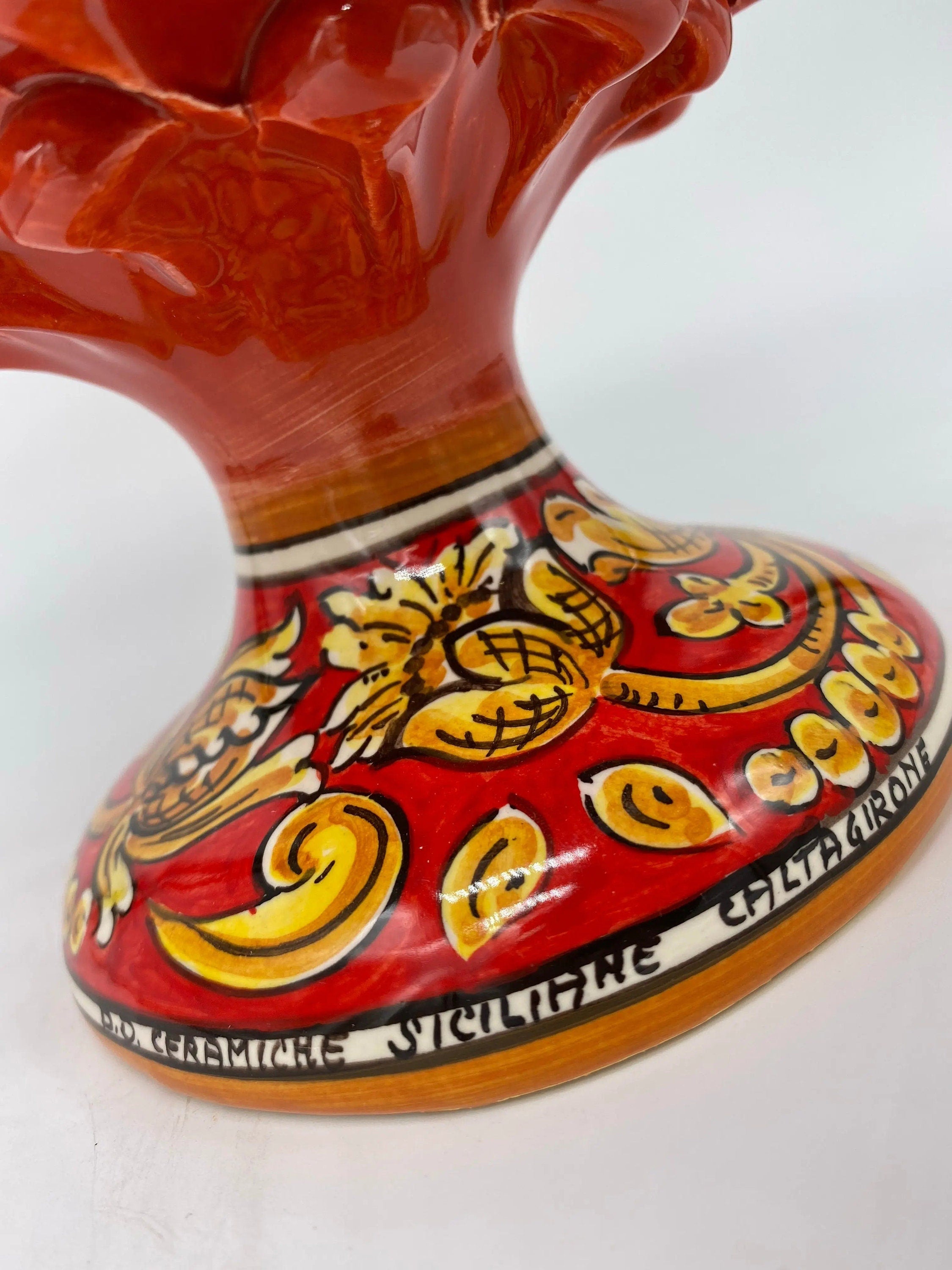 Pigna Ceramica Caltagirone cm H.25 Artigianale Rosso Base Decorata DD CERAMICHE SICILIANE