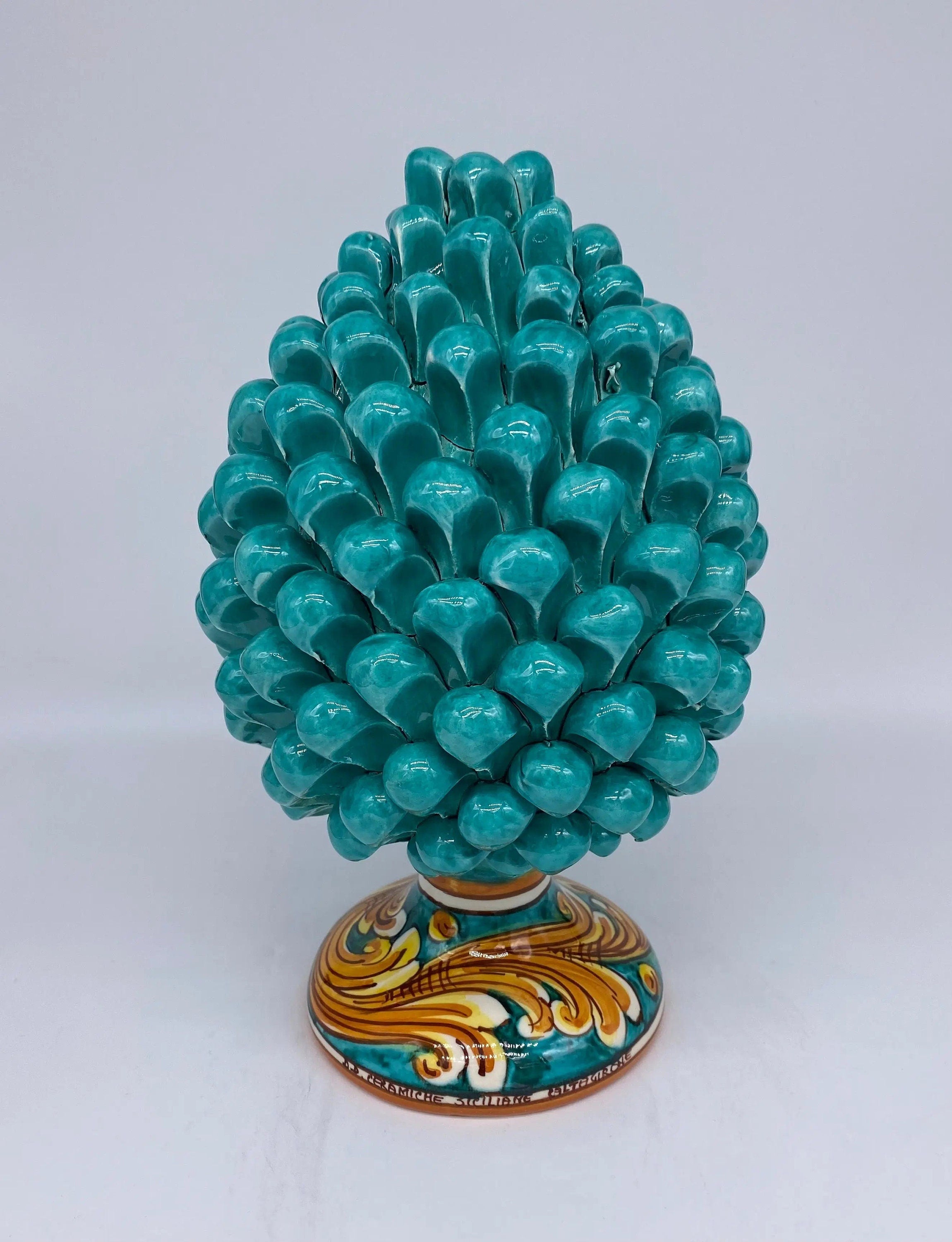 Pigna Ceramica Caltagirone cm H.25 Artigianale Verde acqua Base Decorata DD CERAMICHE SICILIANE