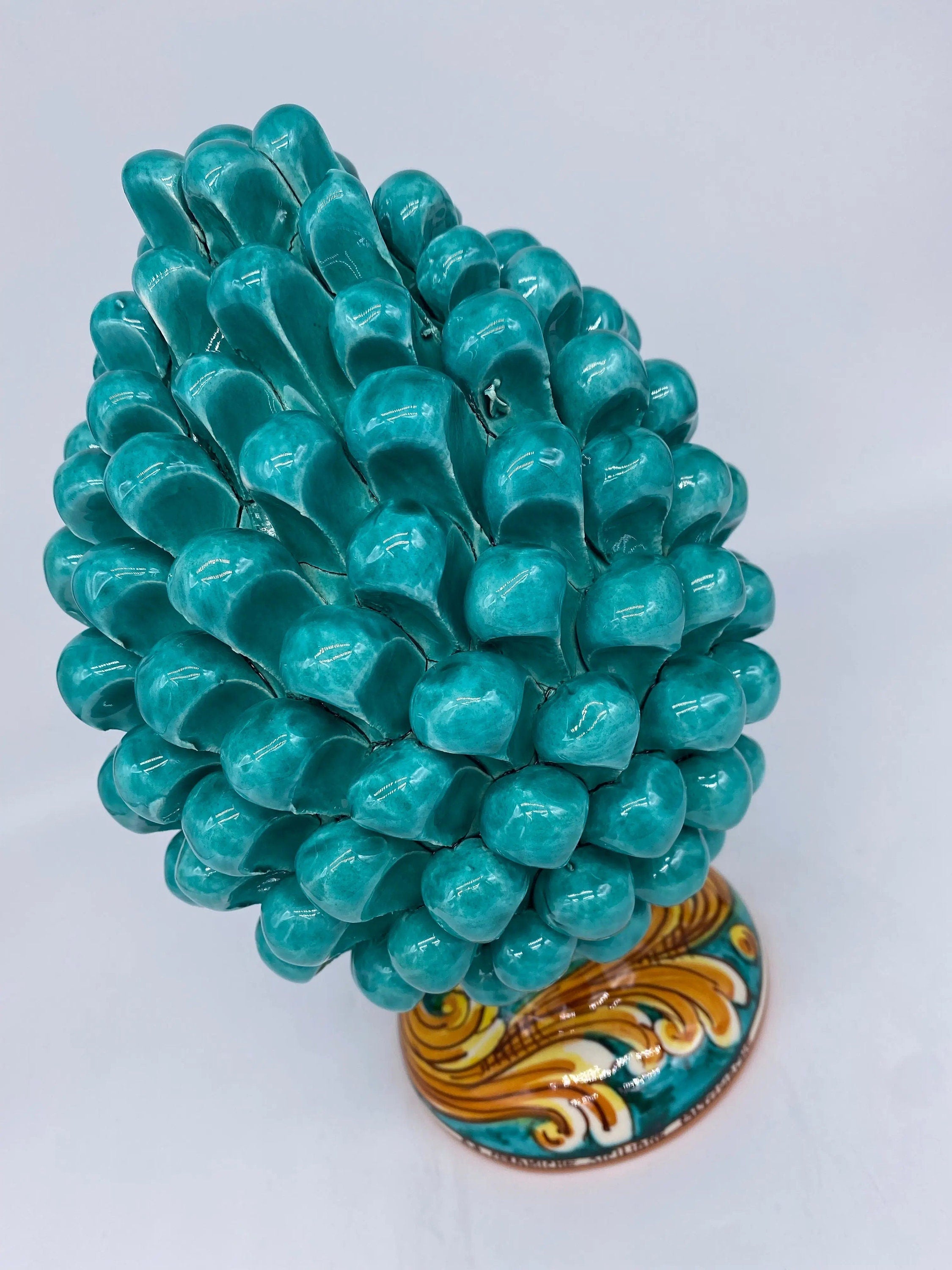 Pigna Ceramica Caltagirone cm H.25 Artigianale Verde acqua Base Decorata DD CERAMICHE SICILIANE