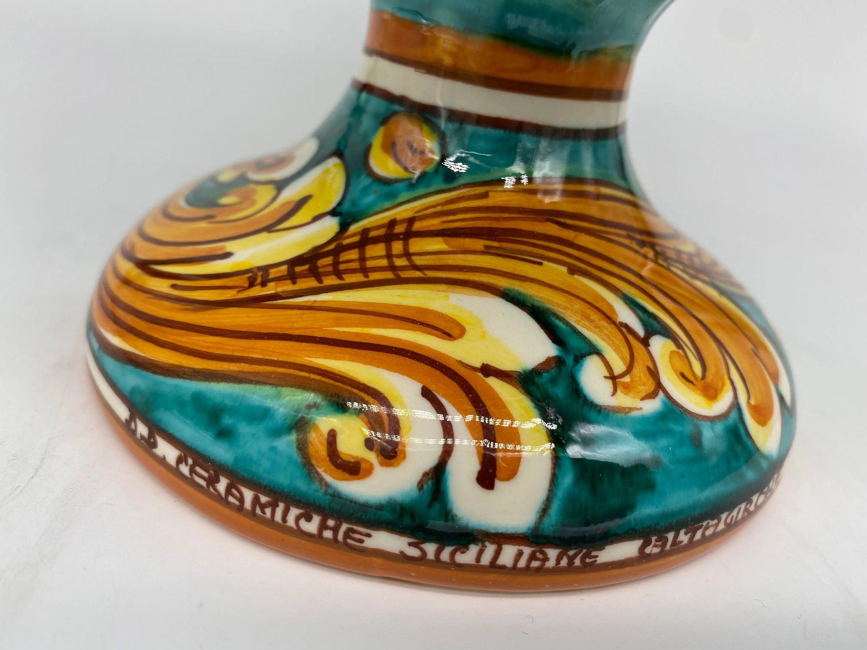 Pigna Ceramica Caltagirone cm H.25 Artigianale Verde acqua Base Decorata DD CERAMICHE SICILIANE