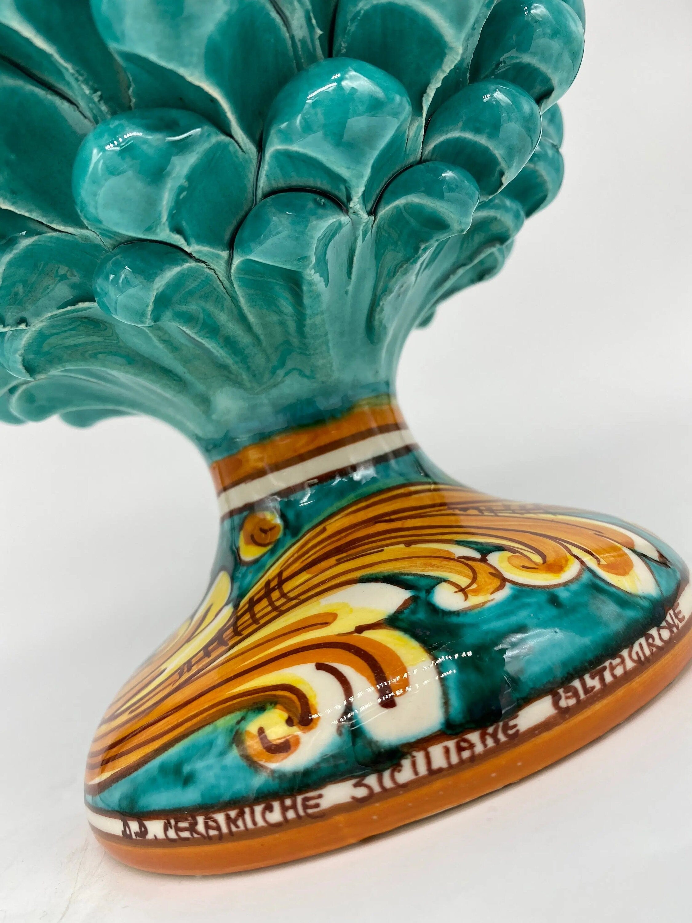 Pigna Ceramica Caltagirone cm H.25 Artigianale Verde acqua Base Decorata DD CERAMICHE SICILIANE